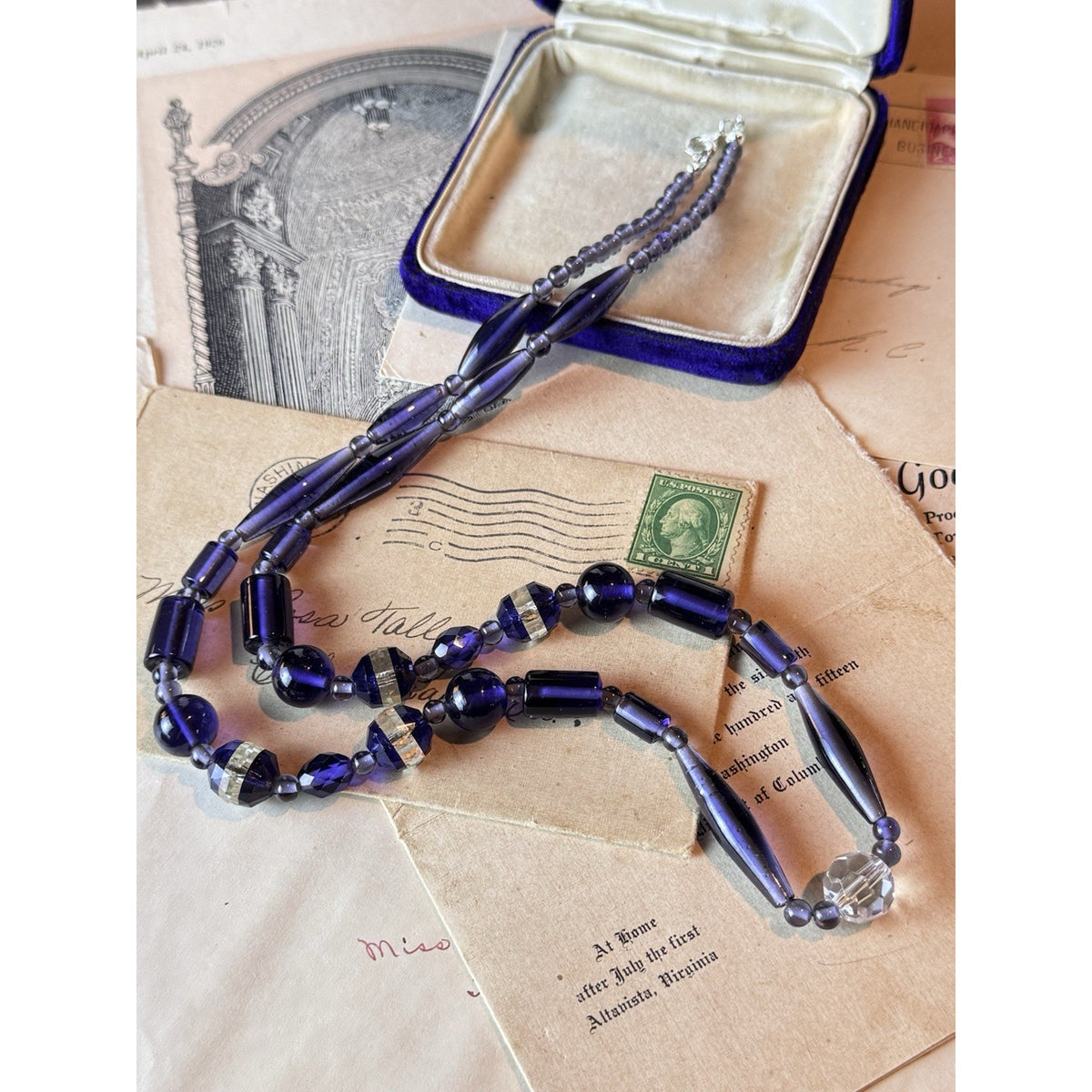 Art Deco Czech Purple Glass Crystal Bead Necklace Restrung 27.5” Vintage