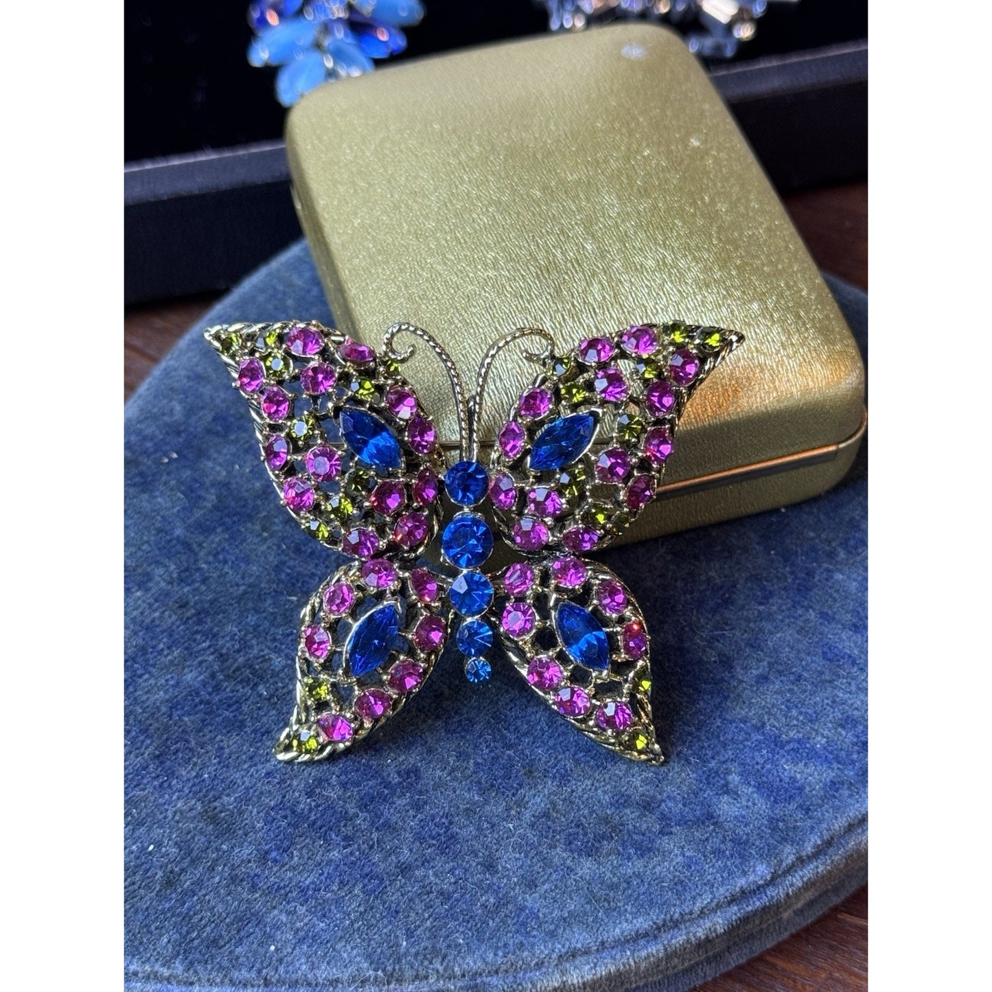 Vintage Butterfly Brooch Pink Blue Green Rhinestones Openwork Goldtone Large