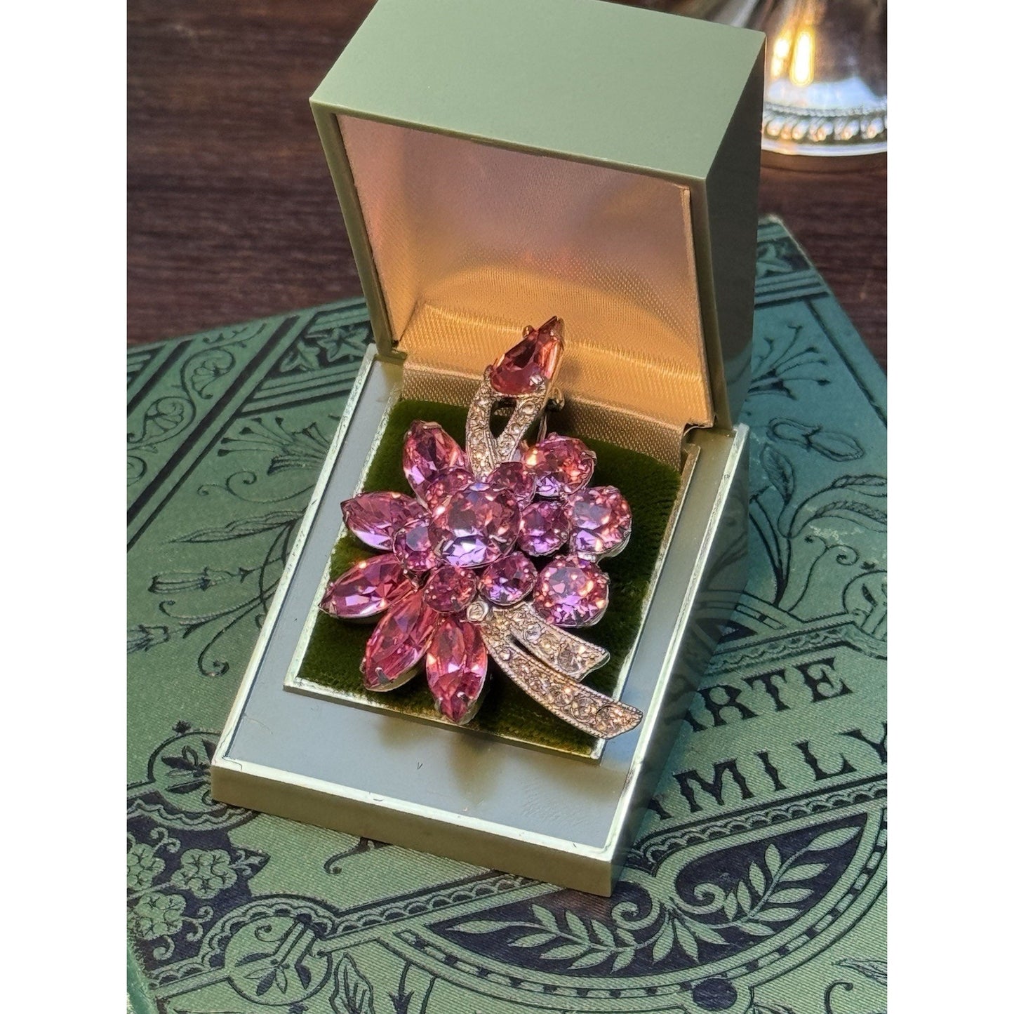 Eisenberg Ice Pink Rhinestone Floral Brooch Silver Tone Vintage Signed 2.5”