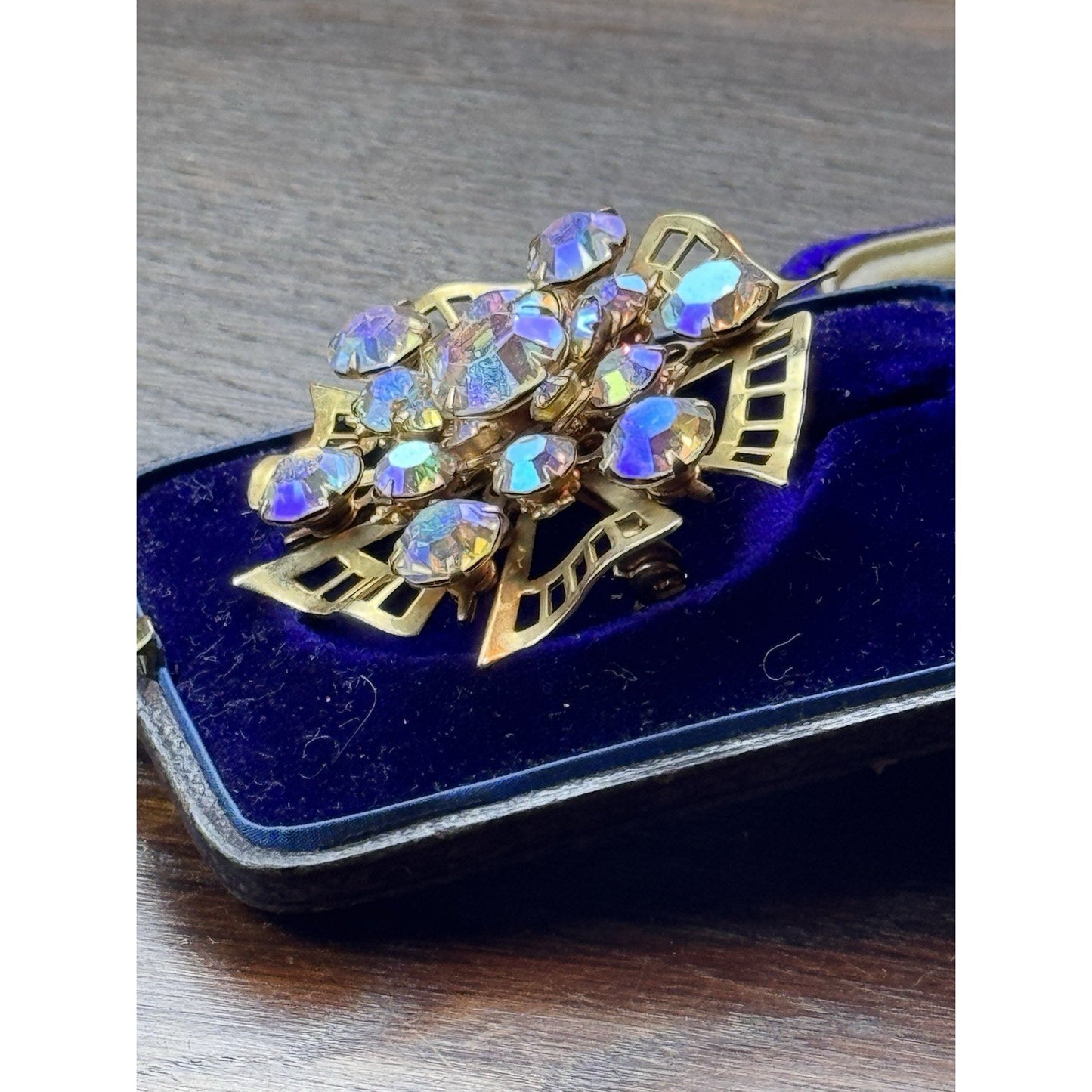 Vintage AB Rhinestone Brooch Goldtone Atomic Starburst 2”