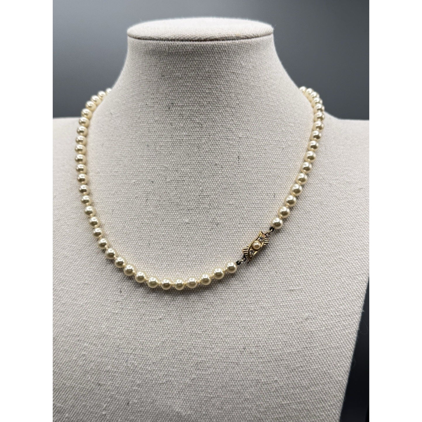 Vintage Faux Pearl Necklace Knotted 18.5” Gold Tone Rhinestone Clasp Bridal