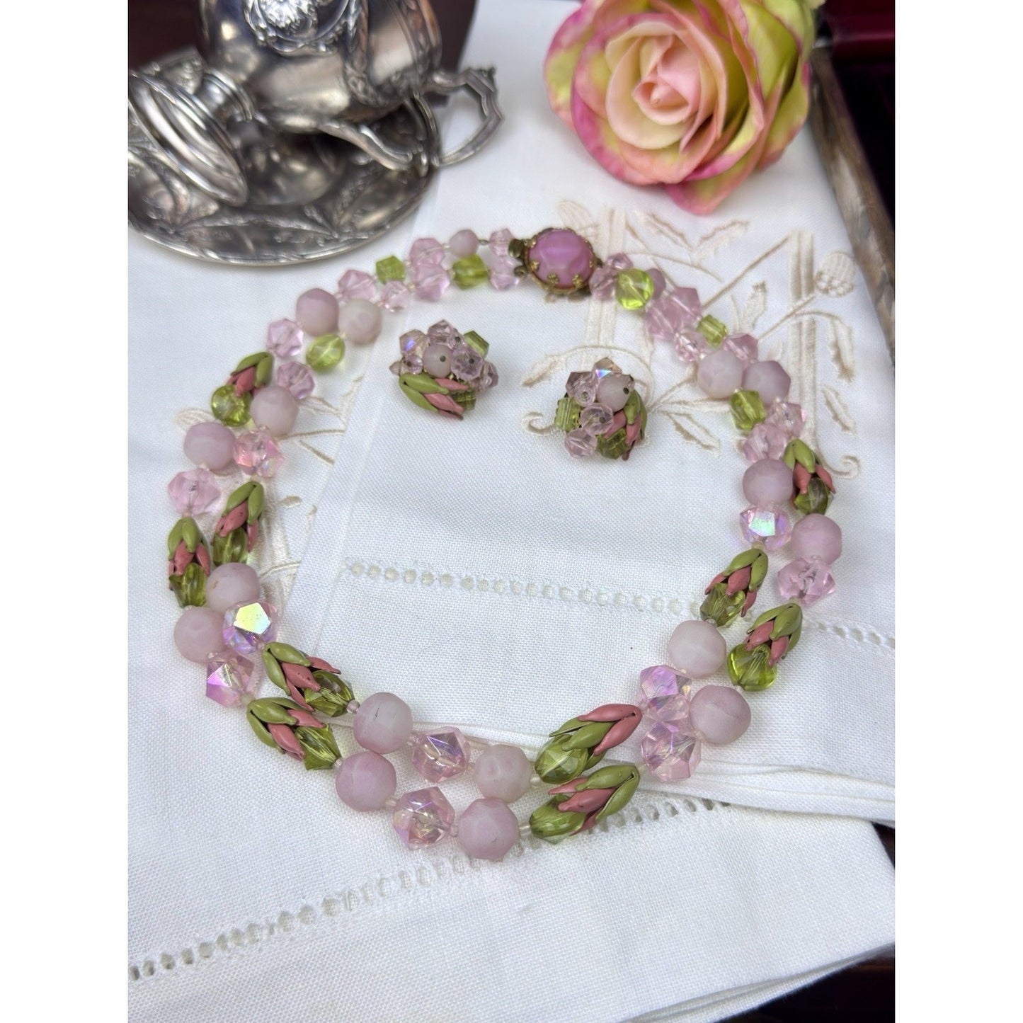 Vintage Pink Green Glass Bead Necklace Clip Earrings Set