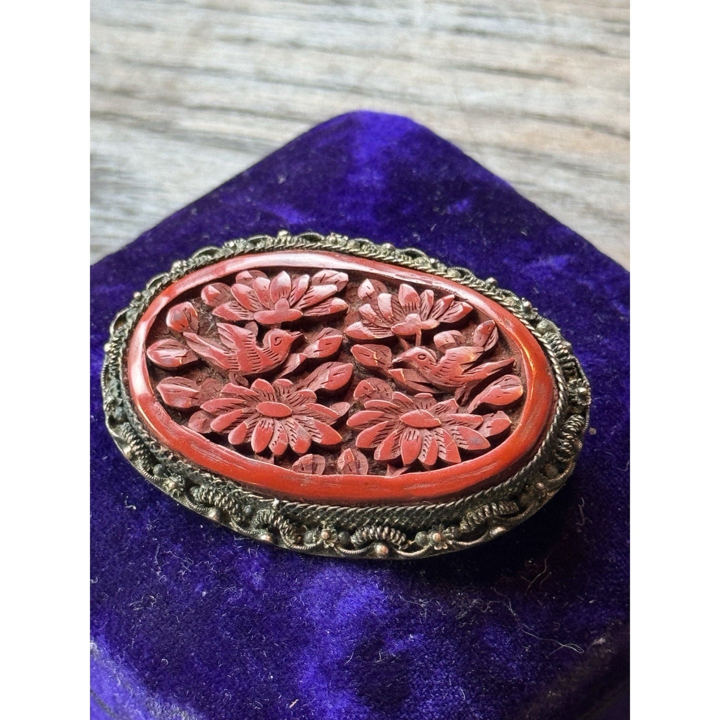 Vintage Cinnabar Brooch 2.25” Chinese EXPORT Carved Birds Flowers Silvertone