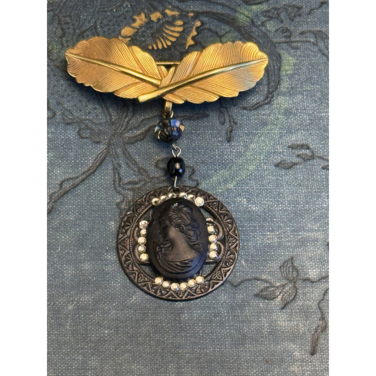 Cameo Brooch Gold Filled Hook Black Rhinestone Pendant Vintage 2.25” x 1.75”