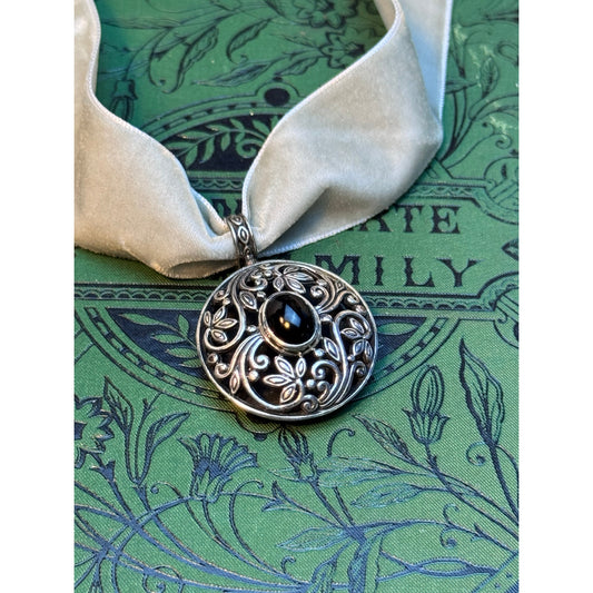Sterling Silver Onyx Pendant Round Scrollwork Velvet Ribbon