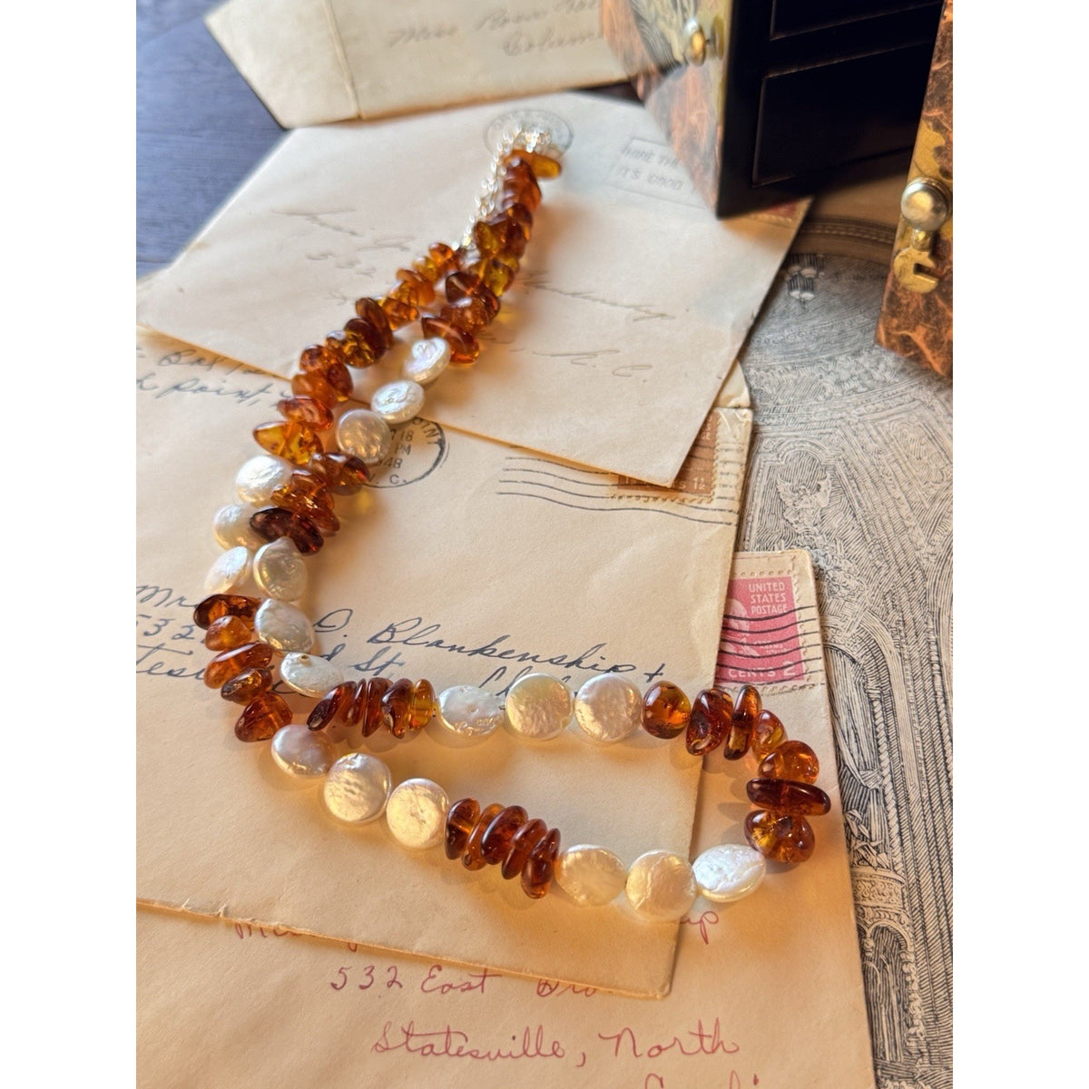 Amber Necklace Cultured Pearl Coin Nugget Beads Silvertone Lobster Clasp 22”