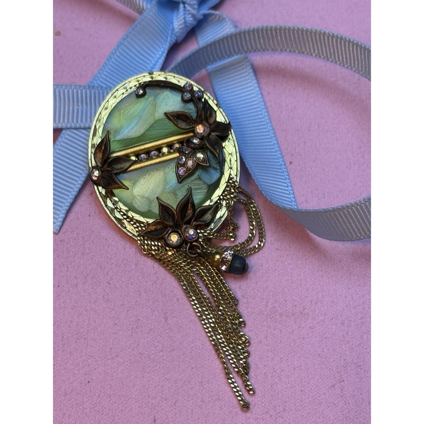 MARENA Germany Brooch Pendant Art Nouveau Revival Tassel Rhinestone Goldtone