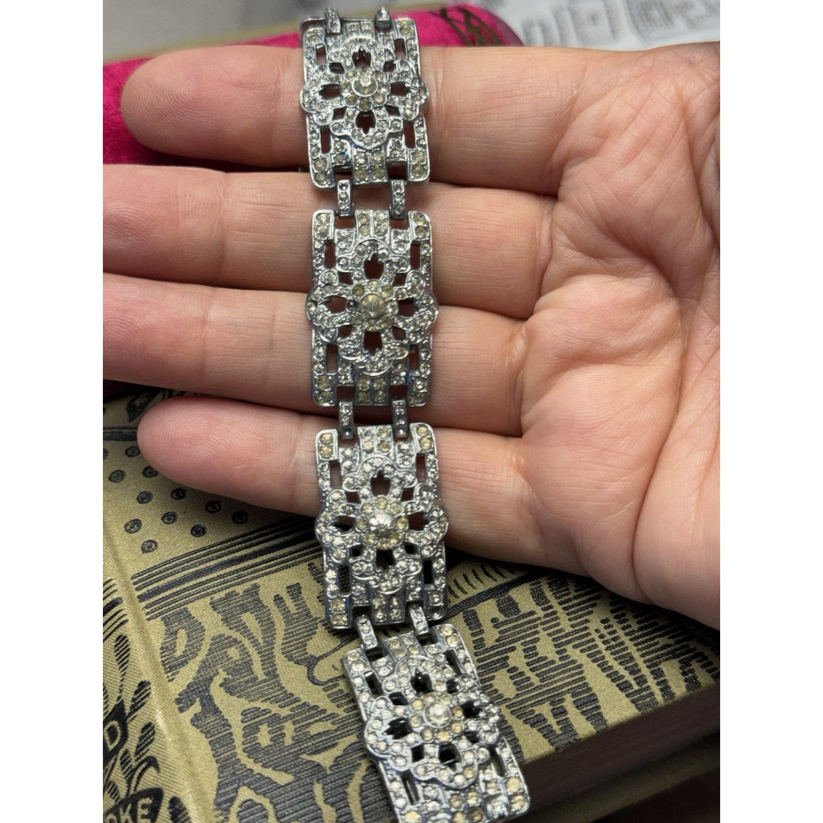 Art Deco Bracelet Clear Rhinestone Statement Vintage Jewelry 7.25”