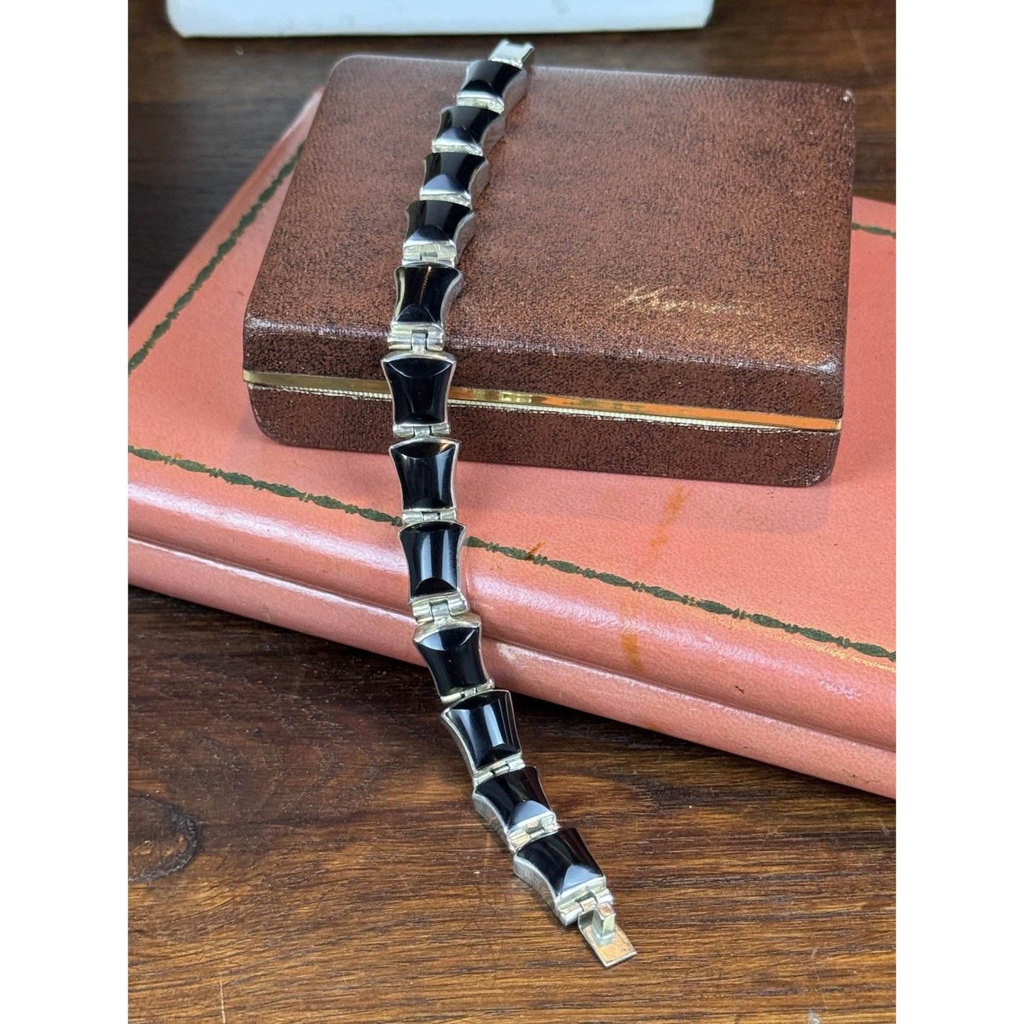 Vintage Mexico 950 Silver Bracelet Black Onyx Articulated Link 7” Modernist