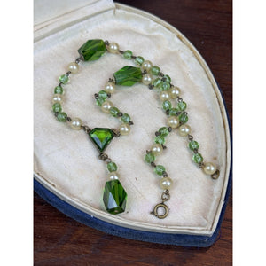 Vintage Czech Style Glass Necklace Green Crystal Faux Pearl Lavalier 17”