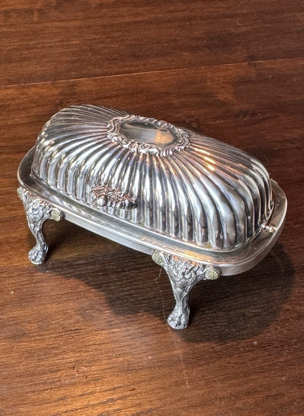 Silverplate Roll Top Butter Dish F B Rogers Silver Co Lion Feet 7.5”