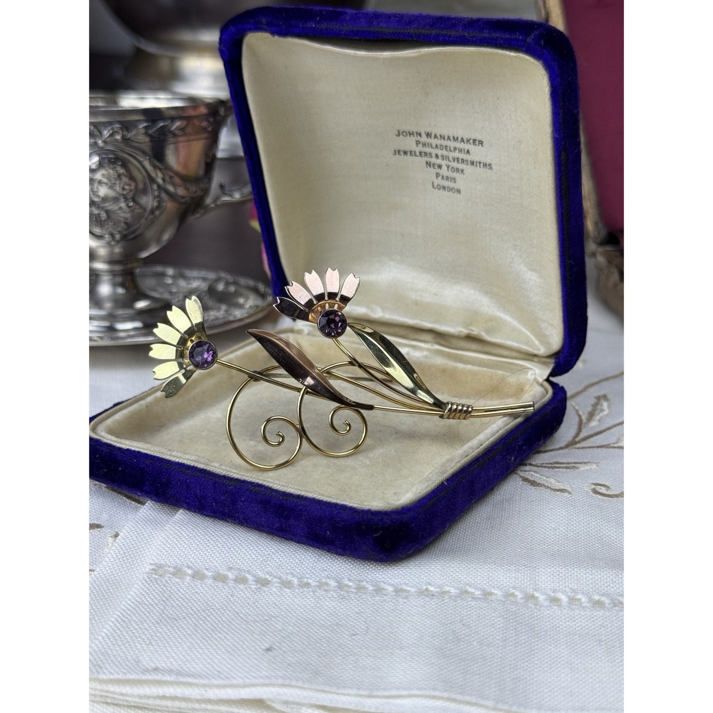 Van Dell Sterling Gold-Filled Floral Brooch Purple Rhinestones 3” Vintage