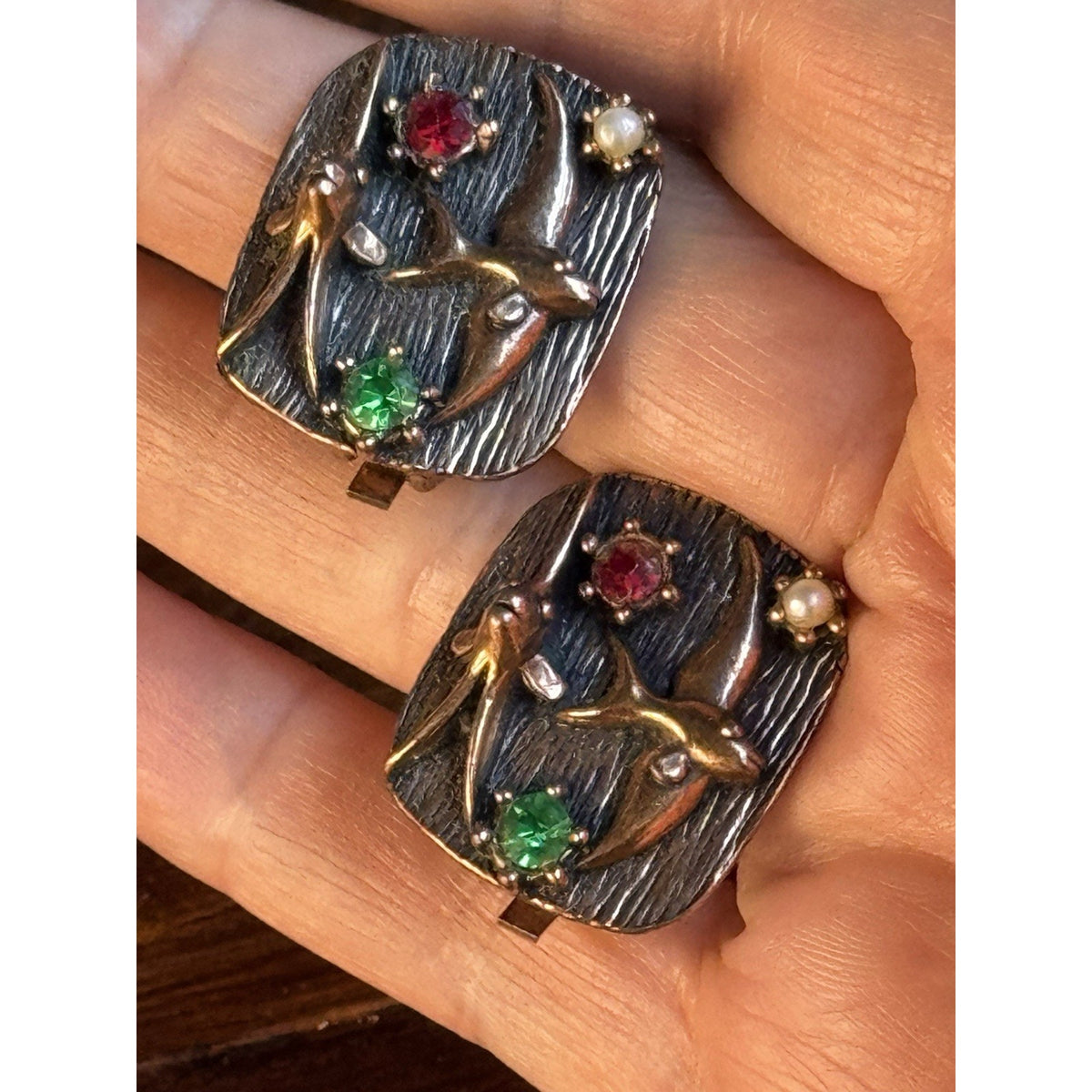 Coppertone Earrings Flying Fish STYLE MCM Clip On Rhinestone Faux Pearl 1”