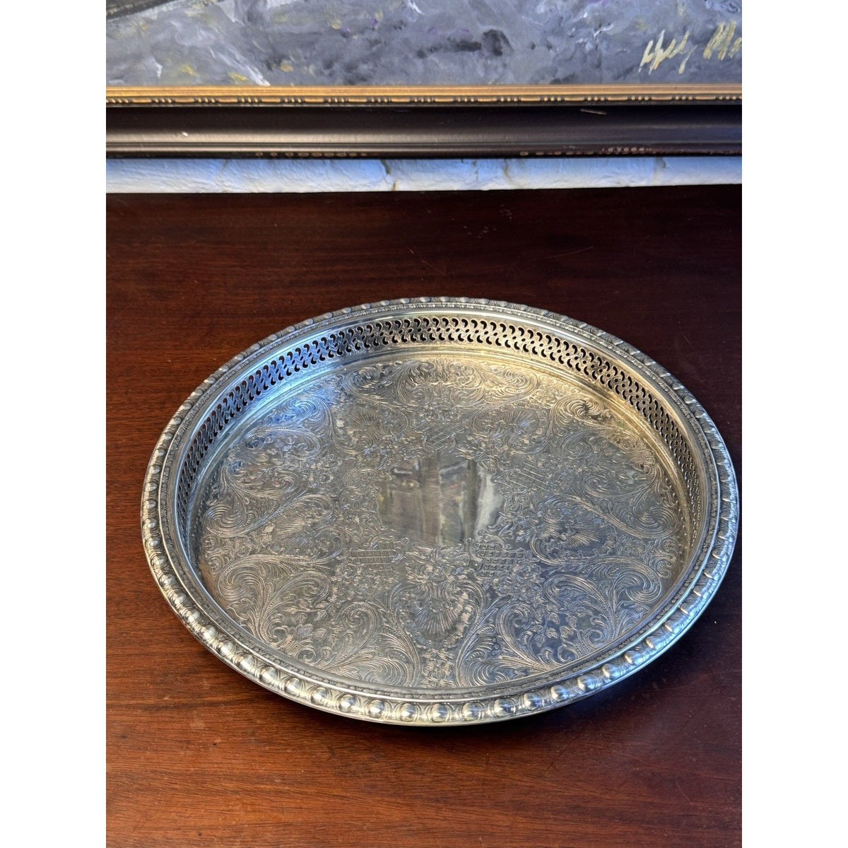 Silverplate Gallery Tray Chased Floral Shell Reticulated Edge Serving 12.5”