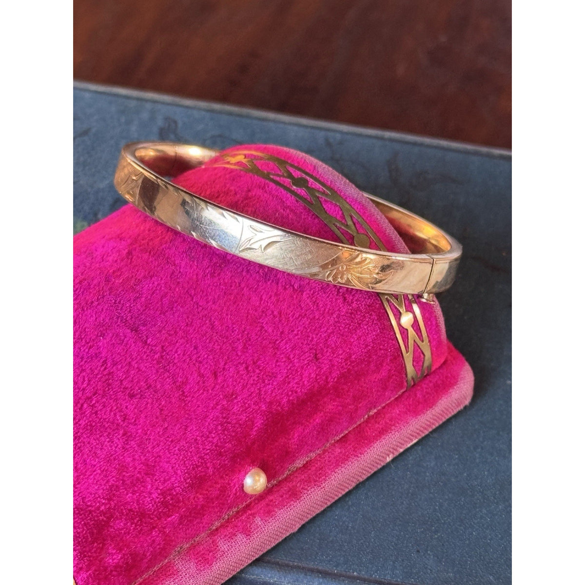 Gold-Filled Bangle Bracelet Engraved Leaf Design No Monogram Signed WEH GF 6.75”