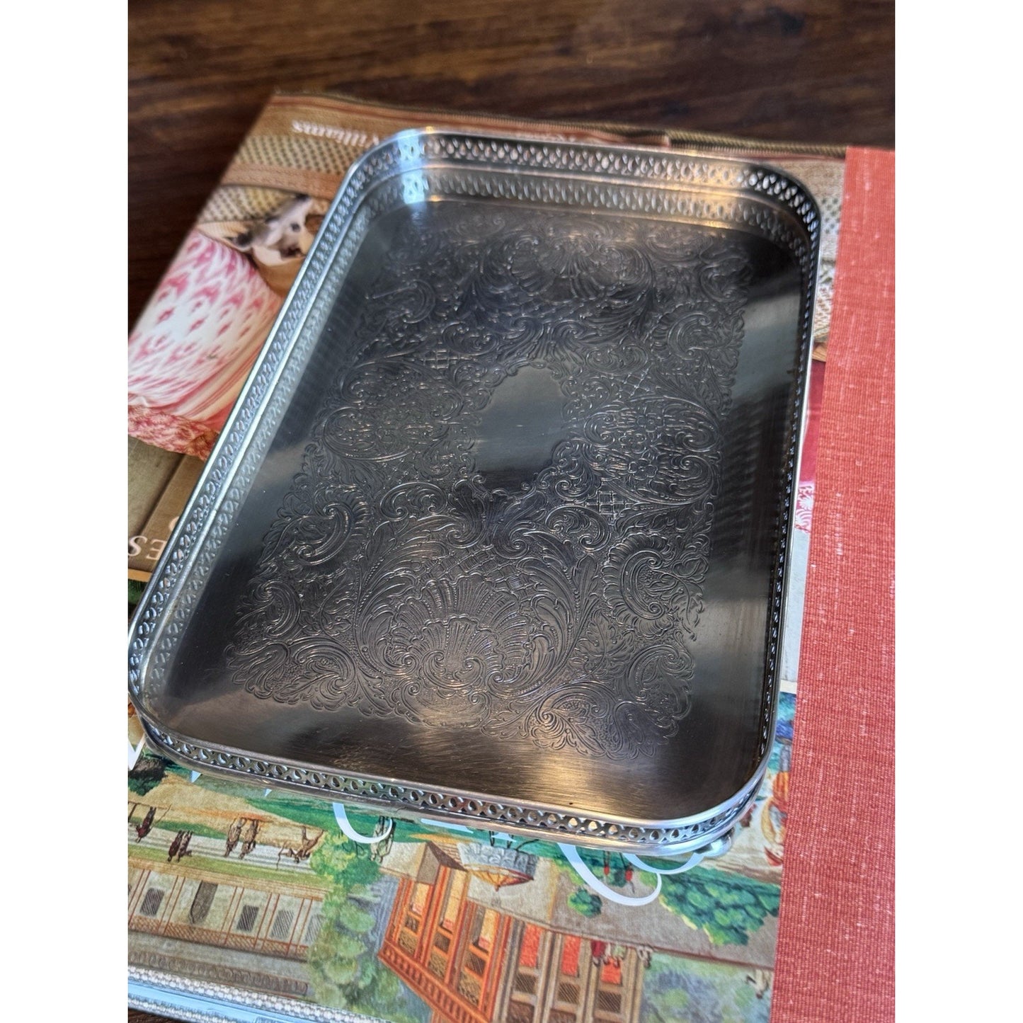Vintage Sheffield Silverplate Footed Gallery Tray Jewelry Vanity Catchall 9”