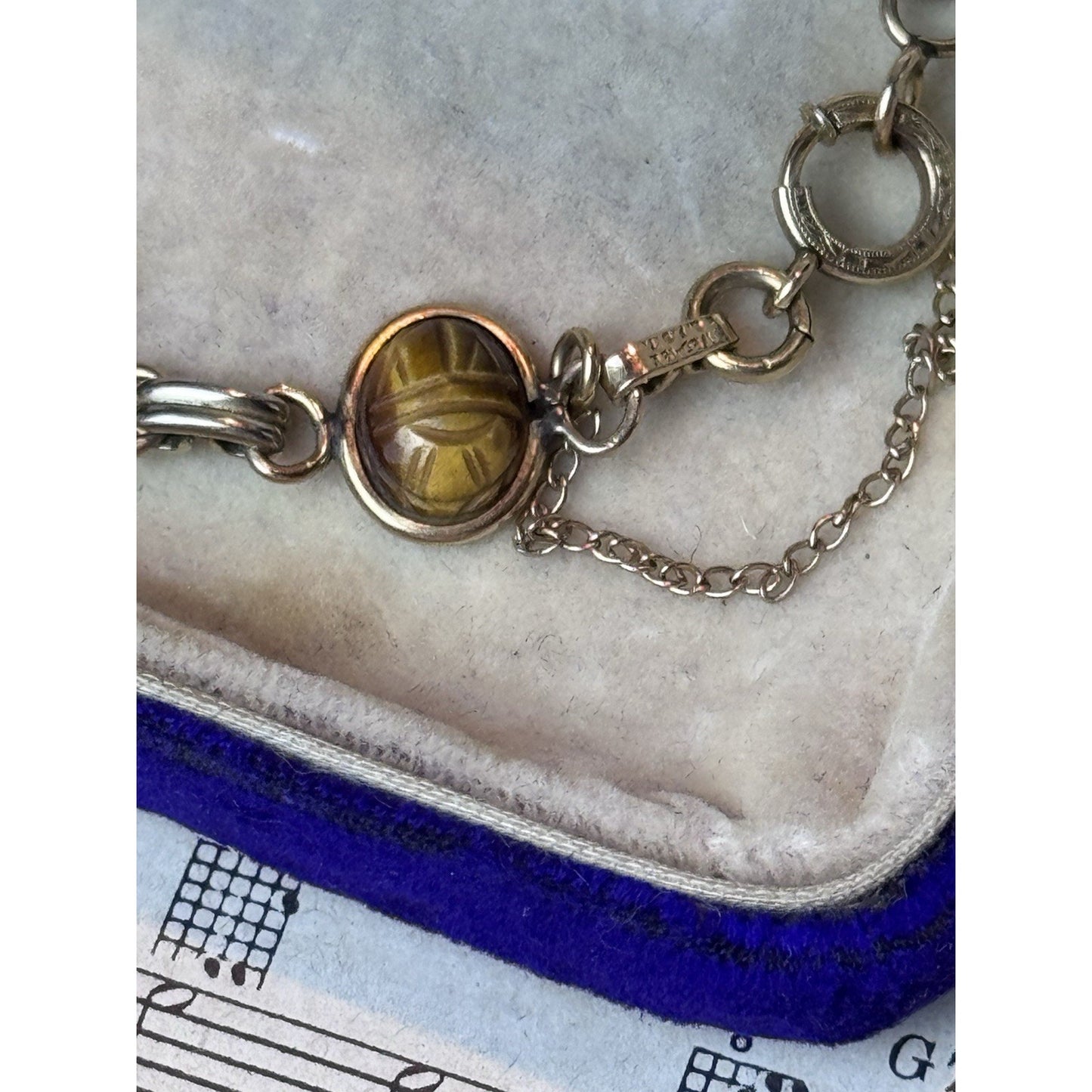 Vintage Gold Filled Scarab Bracelet Carved Stone 6.5” Safety Chain