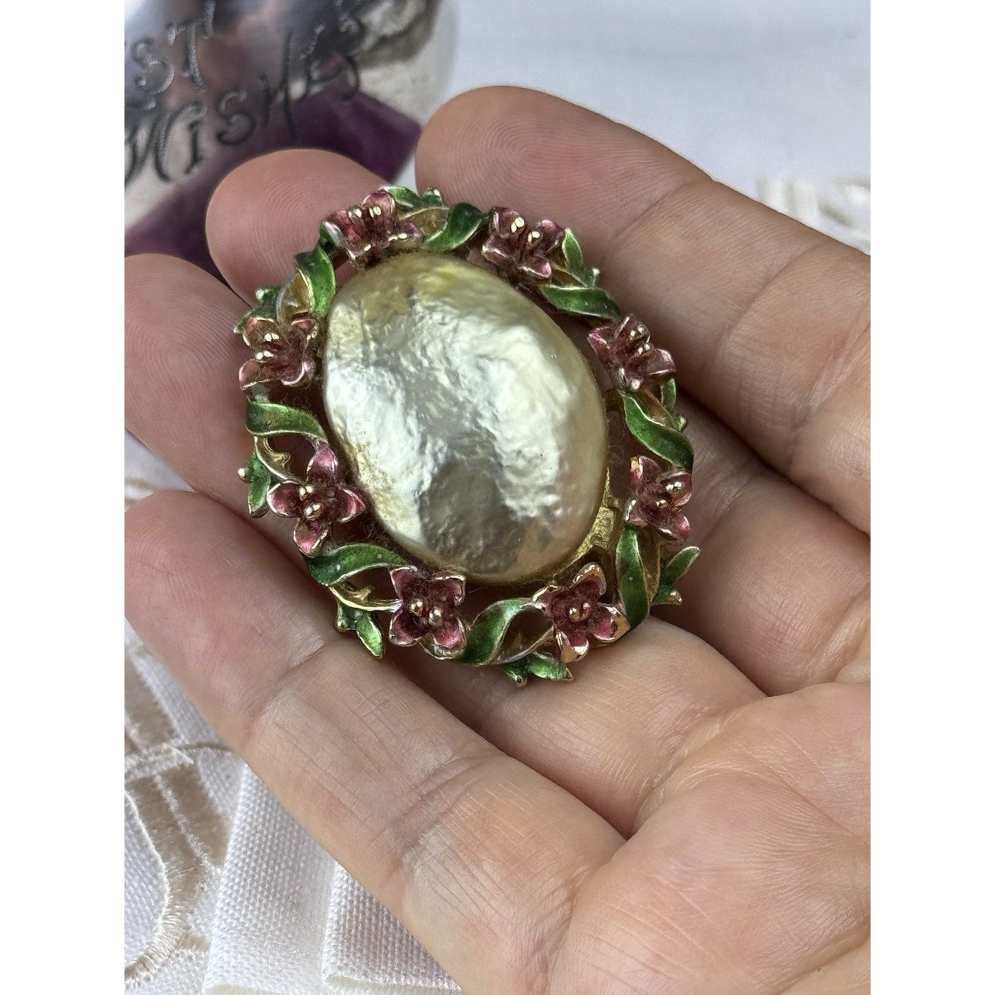 Vintage Goldtone Faux Baroque Pearl Brooch Enamel Floral Signed ART 1.75”