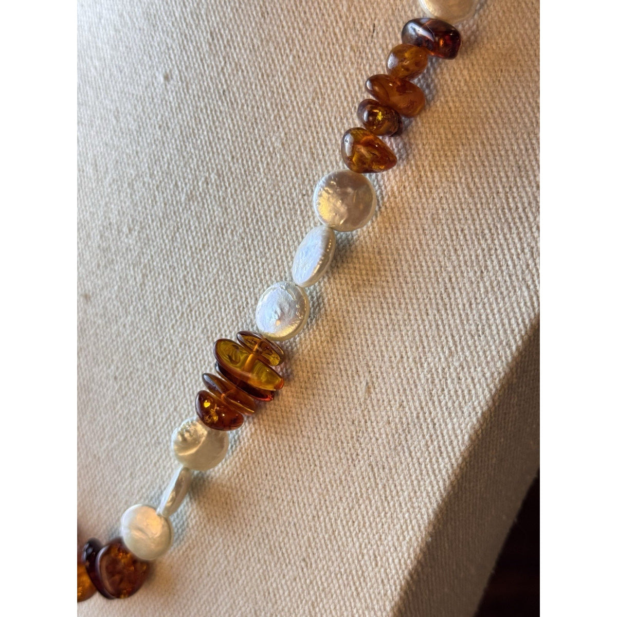 Amber Necklace Cultured Pearl Coin Nugget Beads Silvertone Lobster Clasp 22”