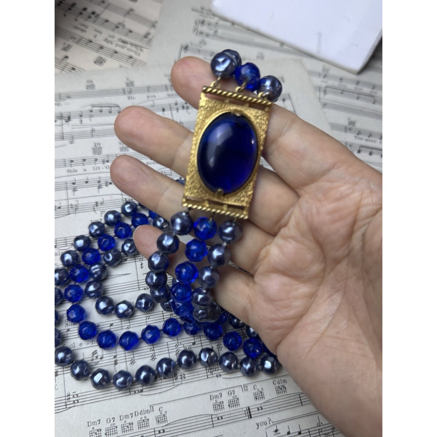 Vintage Blue Lucite Beaded Necklace Goldtone 3 Strand Statement 20”