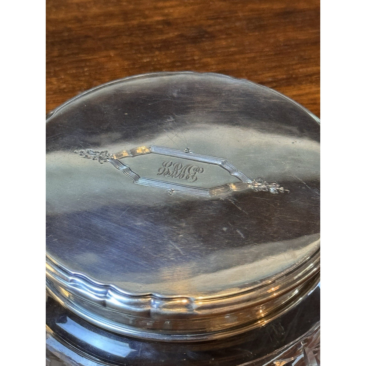 Art Deco Antique Crystal Jewelry Box Sterling Silver Lid Vanity 5.5”