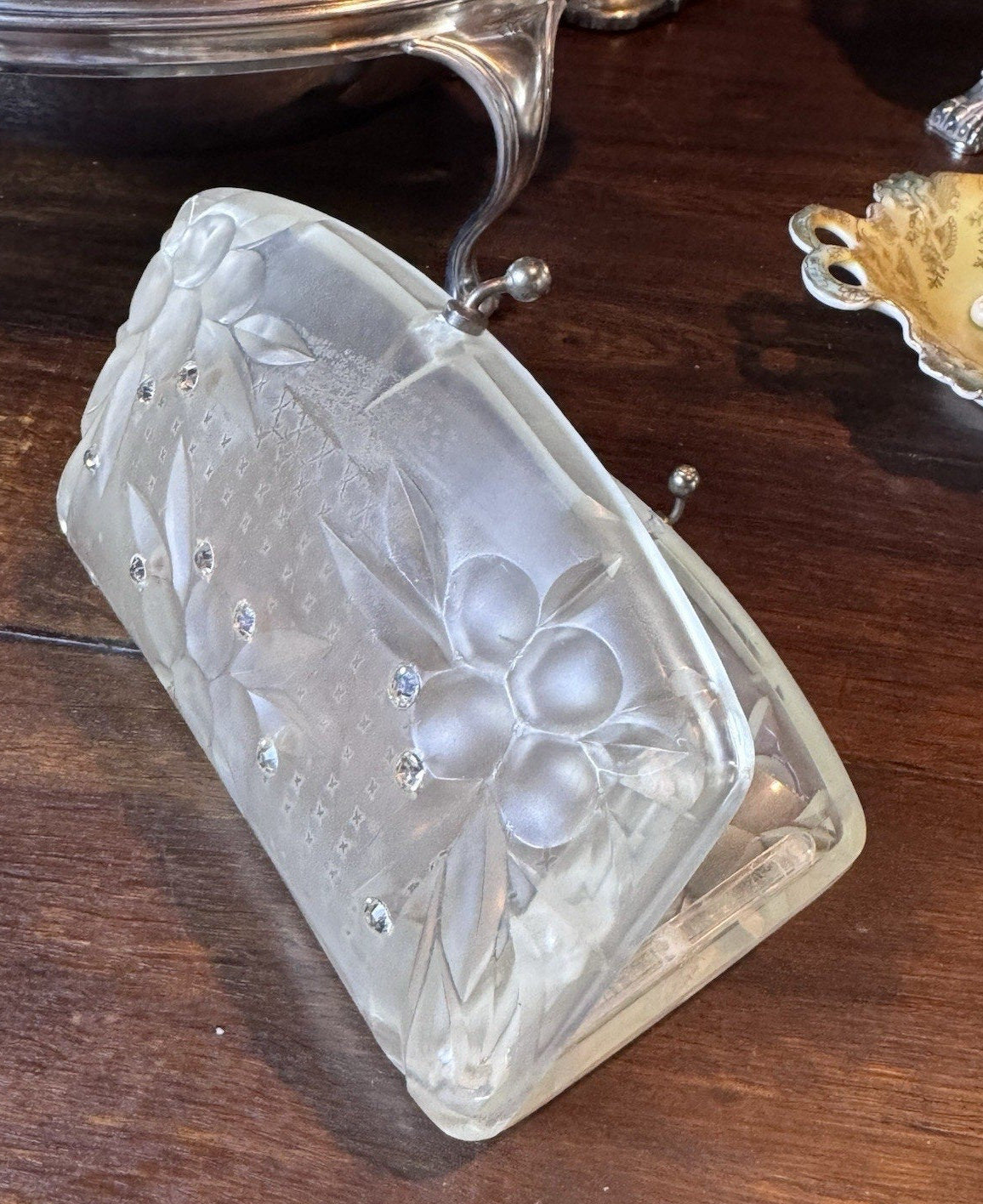 Vintage Lucite Rhinestone Clutch Purse Frosted Floral Clear Evening Handbag