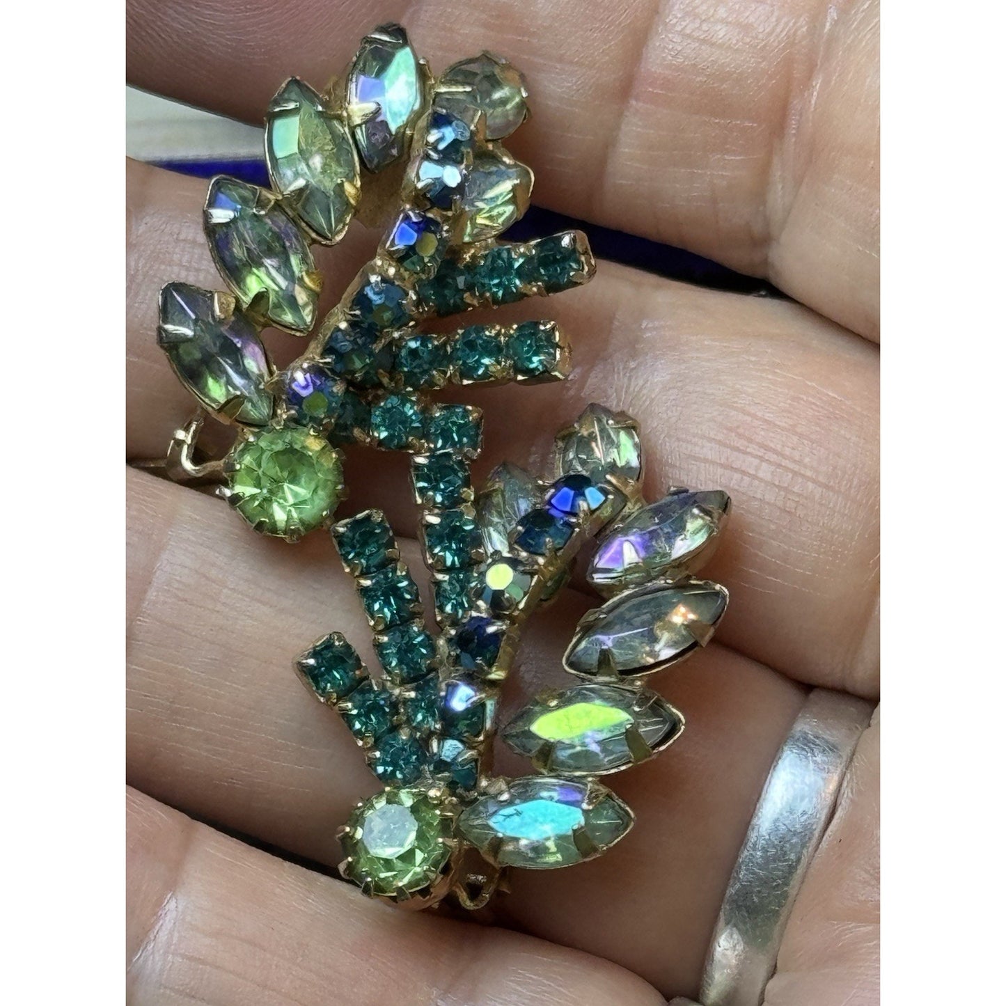 Vintage Earrings Aurora Borealis Blue Green Rhinestone Clip On Goldtone