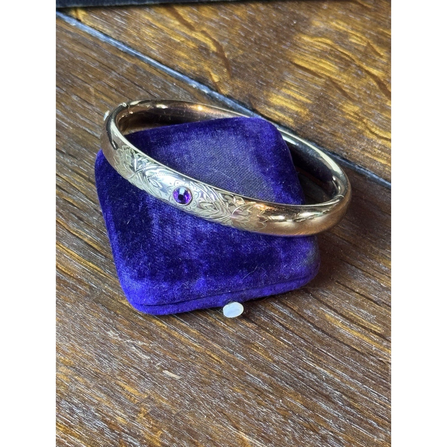Antique EDWARDIAN Gold-Filled Bangle Bracelet Purple Stone Engraved Hinged 7.25”