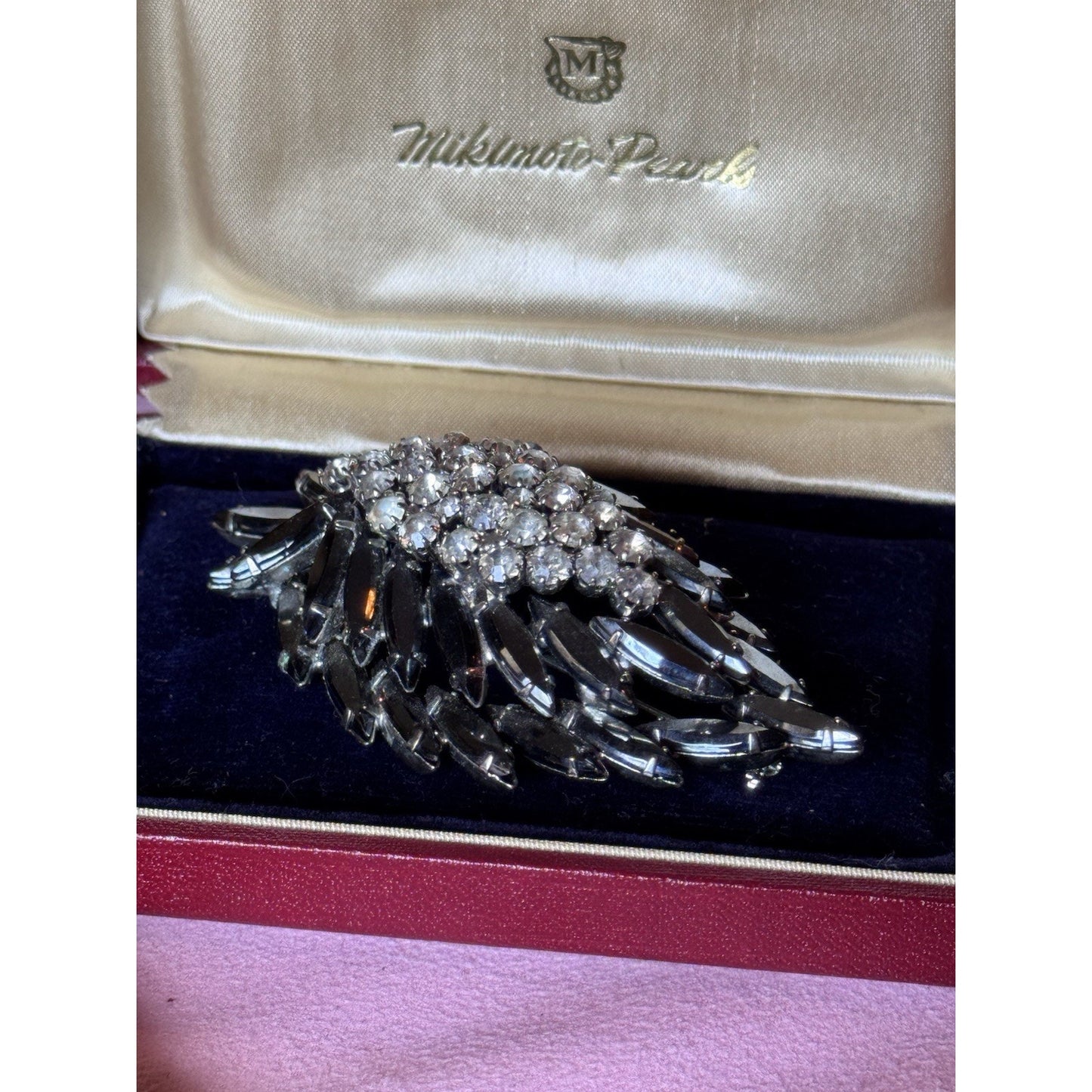 Vintage Black Rhinestone Brooch Clear Crystal Floral Spray Pin 3” Statement