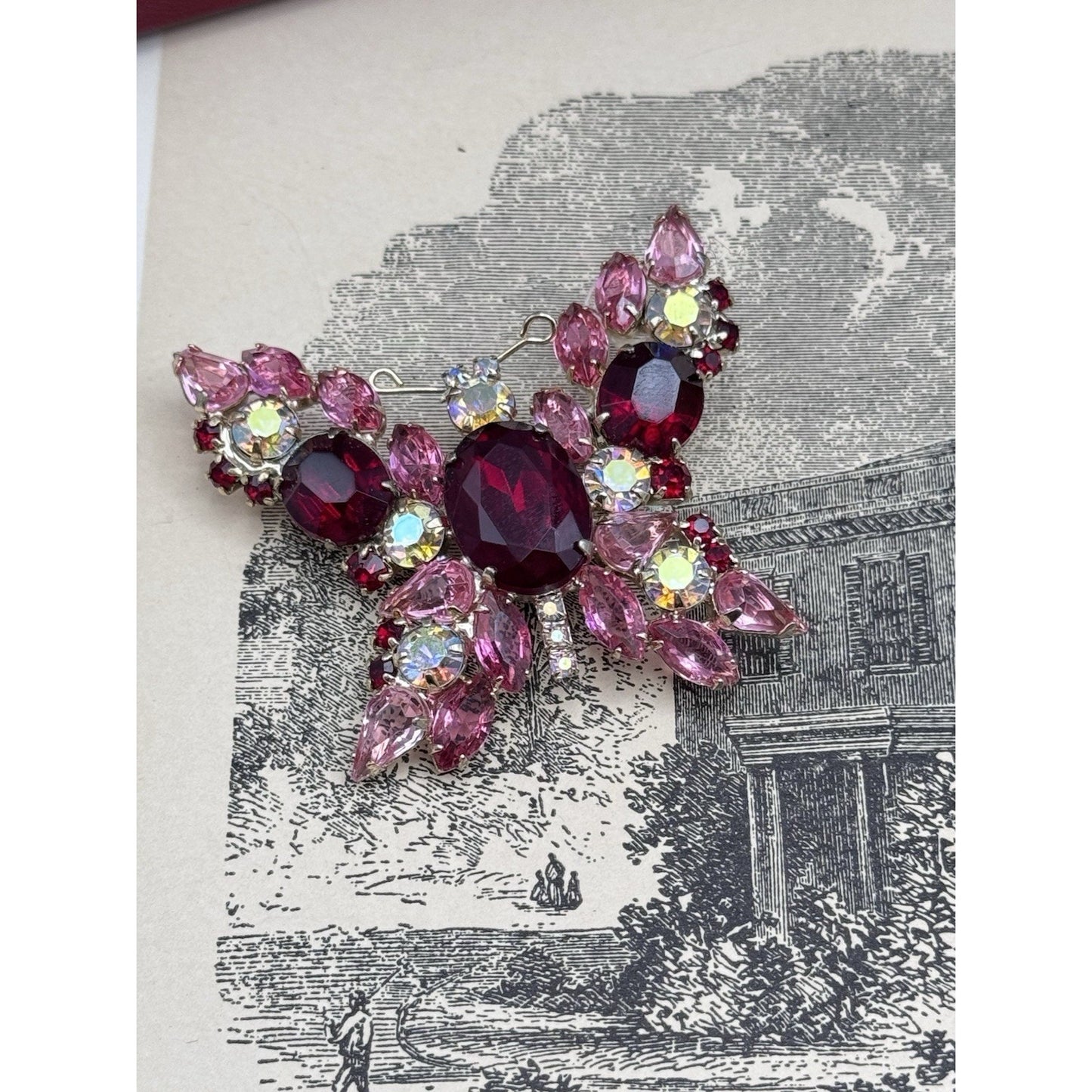 Vintage Butterfly Brooch Pink Red Rhinestone AB Crystal Goldtone Figural 2”