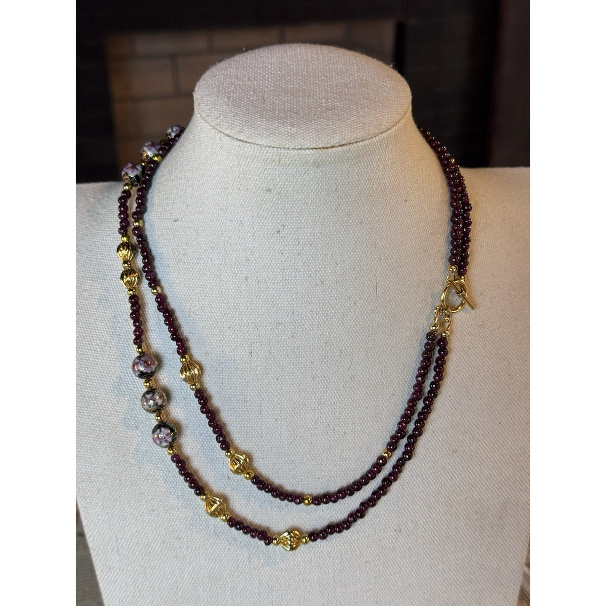 Garnet Double Strand Necklace 19” Floral Cloisonné Goldtone Beads Newly Restrung
