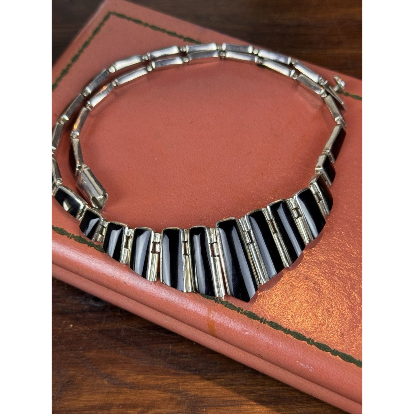 Vintage 950 Silver Necklace Taxco Mexico TD-107 Black Onyx Modernist 18”