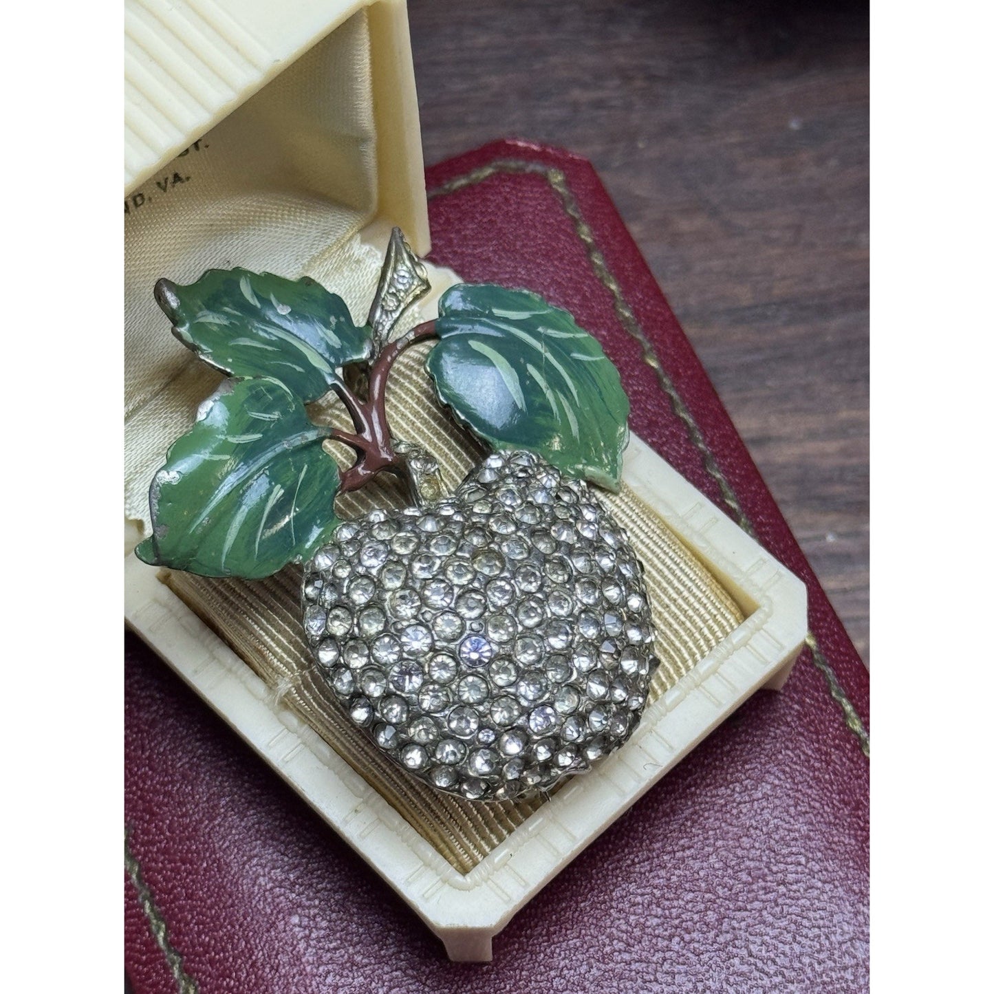 Vintage Rhinestone Apple Brooch Green Enamel Leaves Figural Fruit Pin