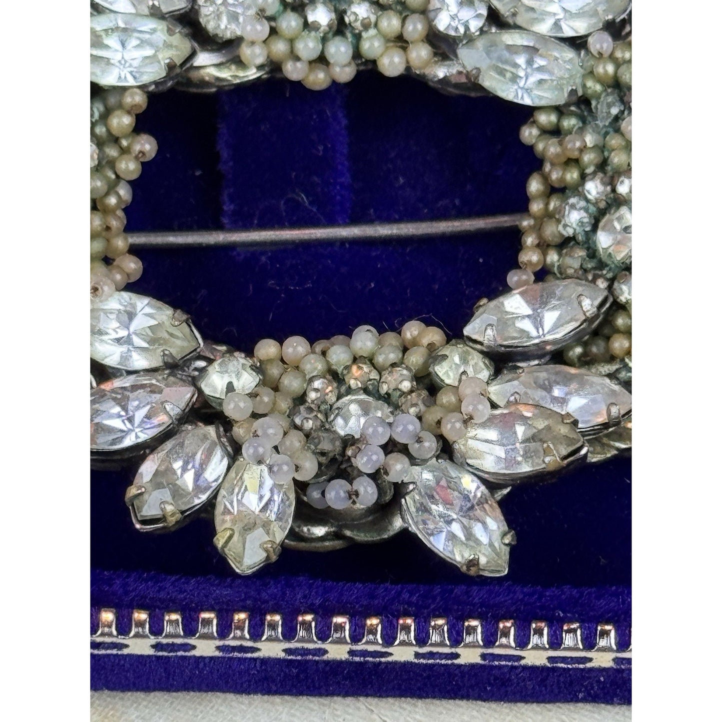 VTG Miriam Haskell Brooch Rhinestone Seed Pearl Floral Wreath Signed 3” READ‼️