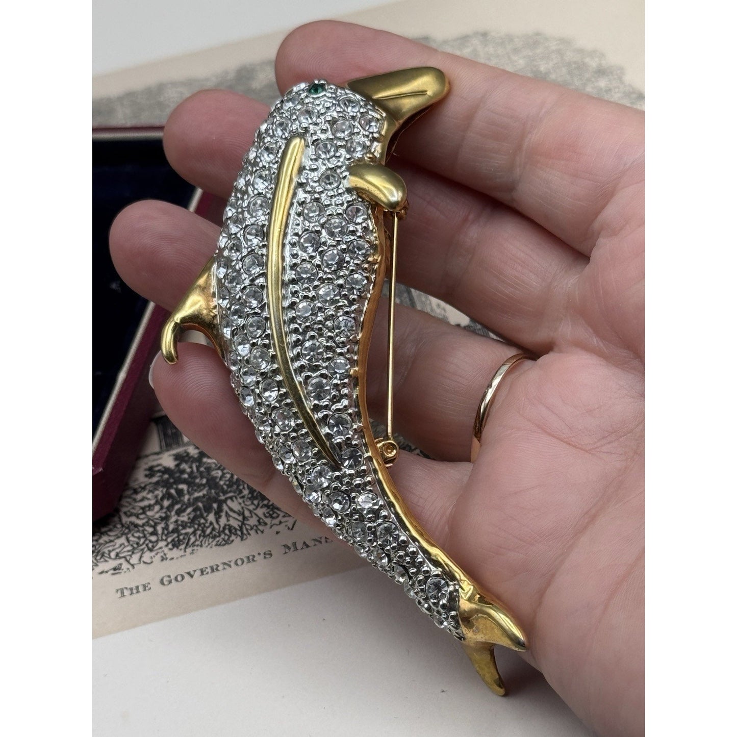 Shoulder Brooch Dolphin Rhinestone Goldtone Pavé Crystal Figural 3.75” VINTAGE