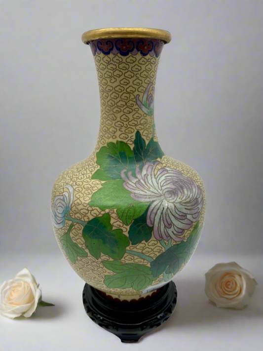 Vintage Chinese Cloisonne Enamel Vase With Wood Chinoiserie Stand Chrysanthemum