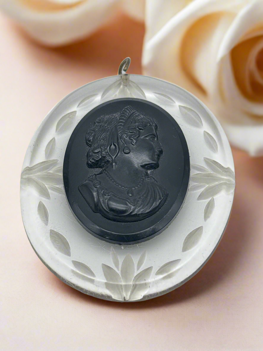 Large Vintage Black Cameo Pendant Thermoset On Clear Carved Lucite ESTATE FIND