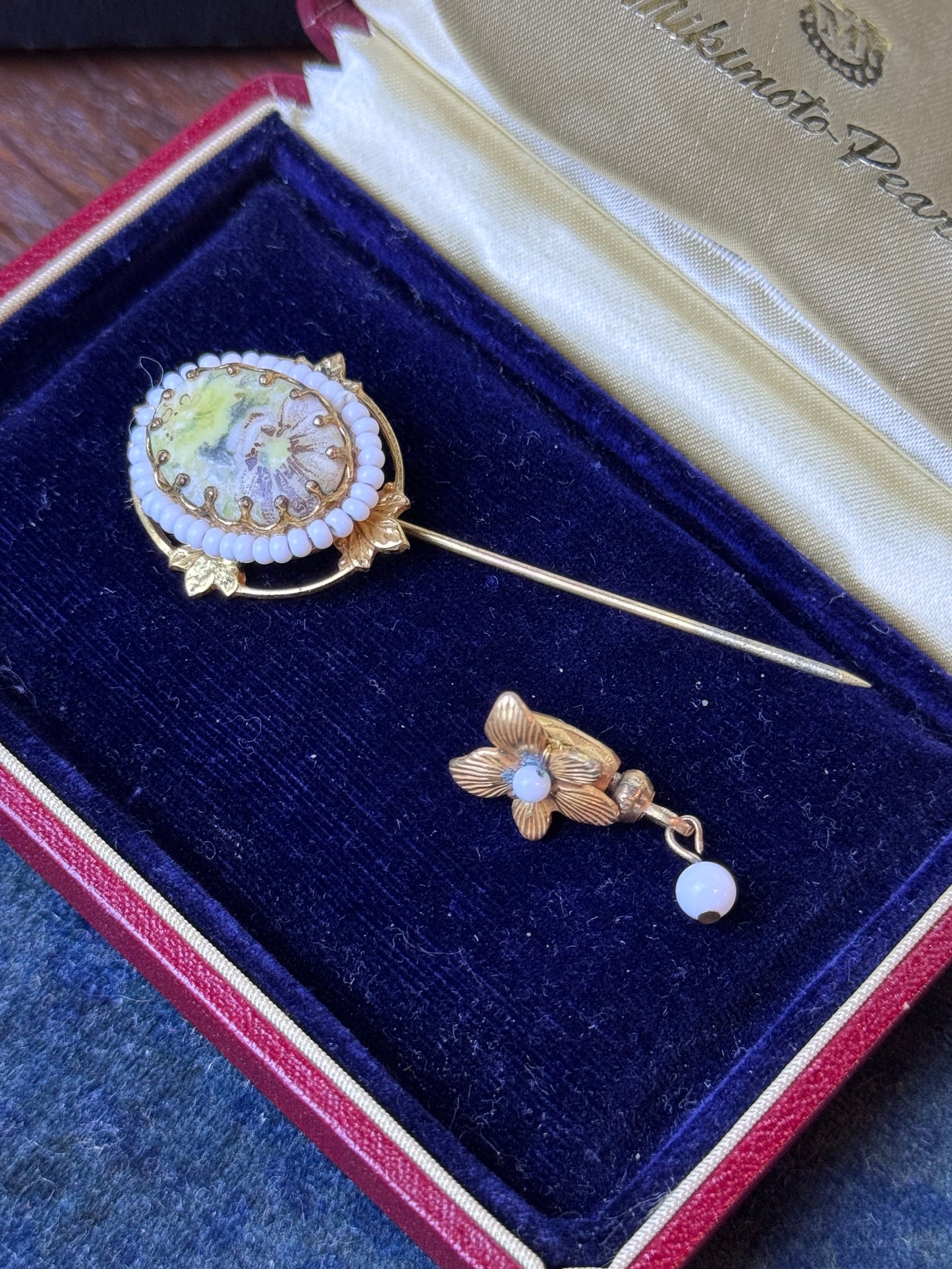 Vintage Miriam UNSIGNED Haskell Style Stick Pin Hand Painted Glass Cameo Beaded 3”