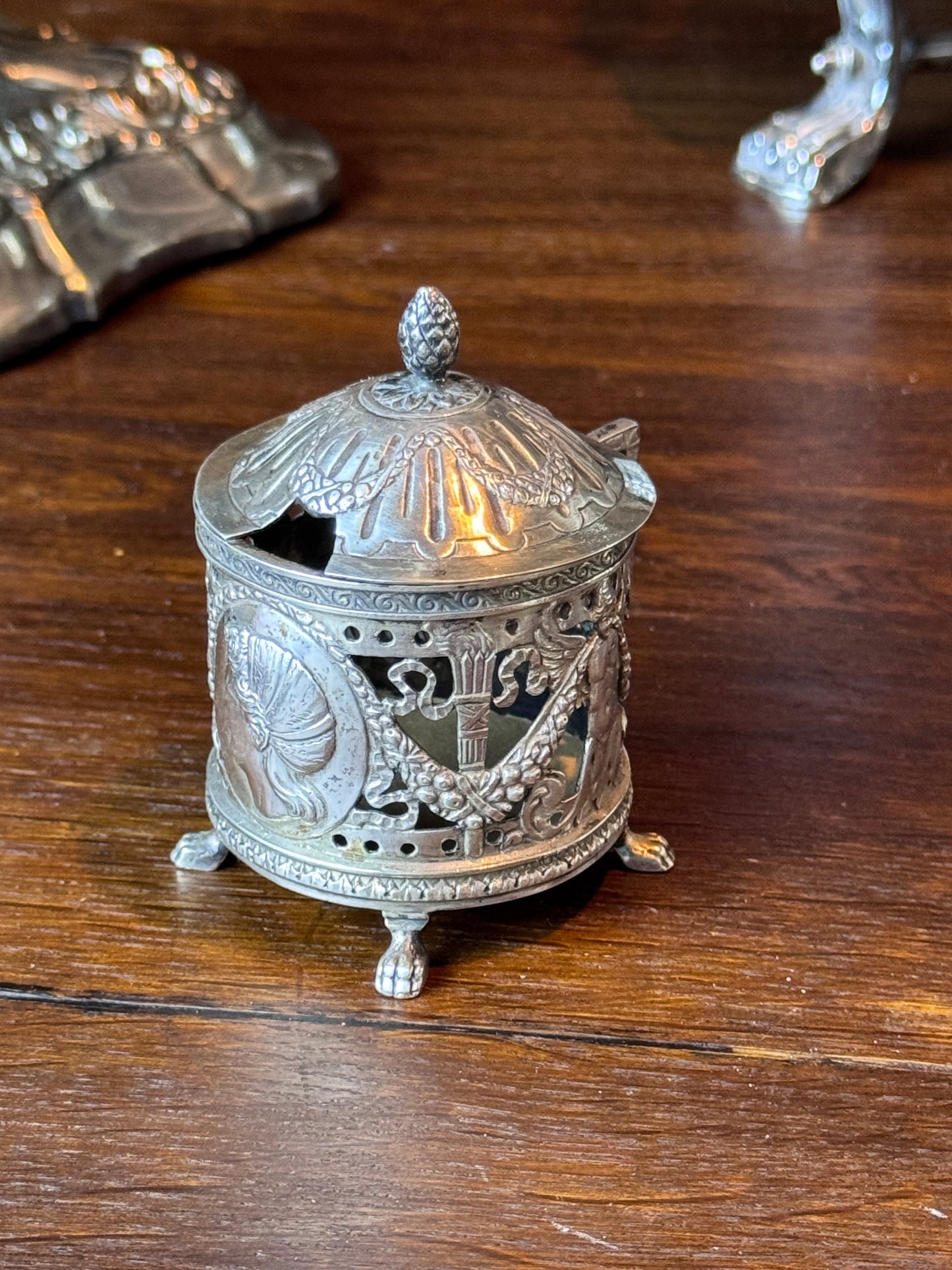 Antique Silverplate Mustard Pot Holder Case No Glass Insert Figural Footed 3”