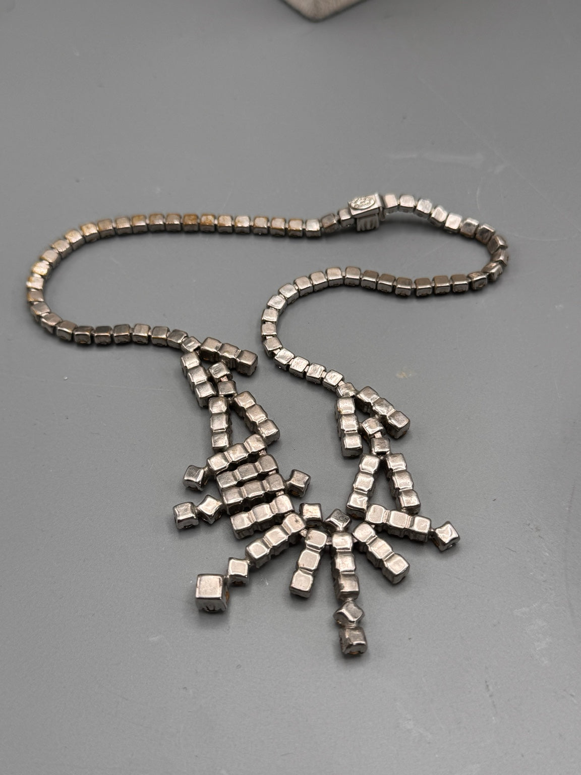 Kramer Rhinestone Necklace Signed 15.5” Vintage Silver Tone Fringe Bib