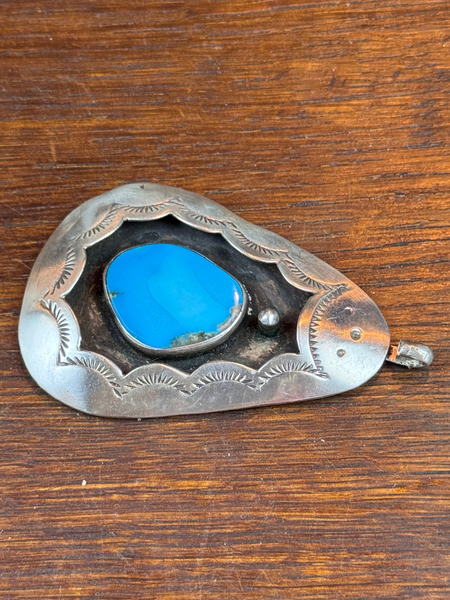 Vintage Silver Turquoise Pendant Signed Ashley Southwestern Large 2.5”