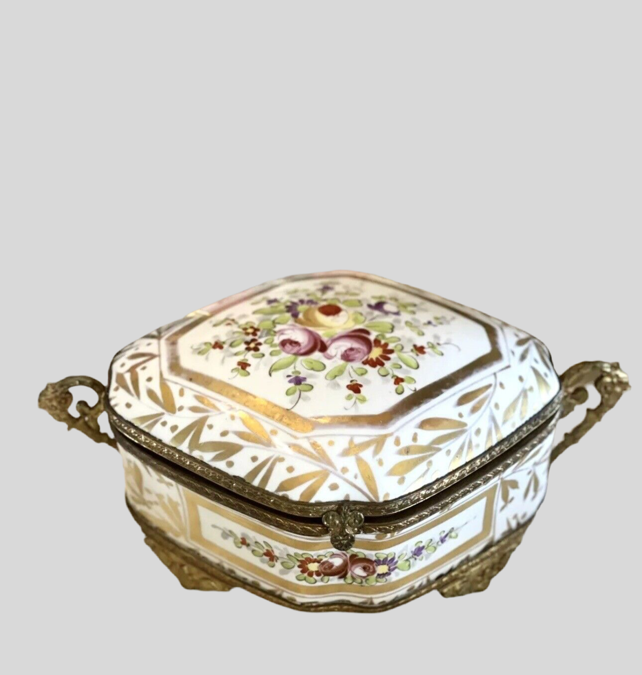 French Ormolu Jewelry Case LG Rose Gold Decor Porcelain Made In France ANTIQUE