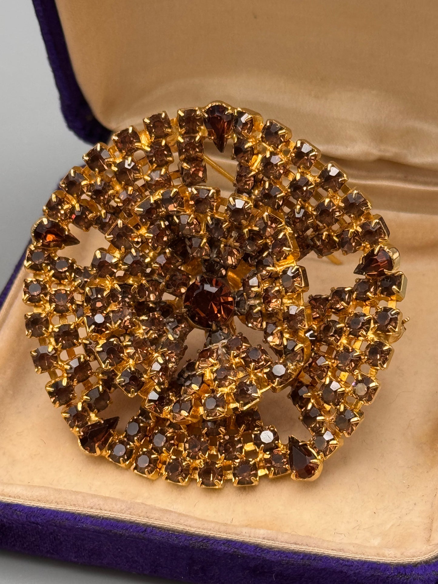 Vintage Topaz Rhinestone Brooch Goldtone Layered Statement Pin 2.5” Large