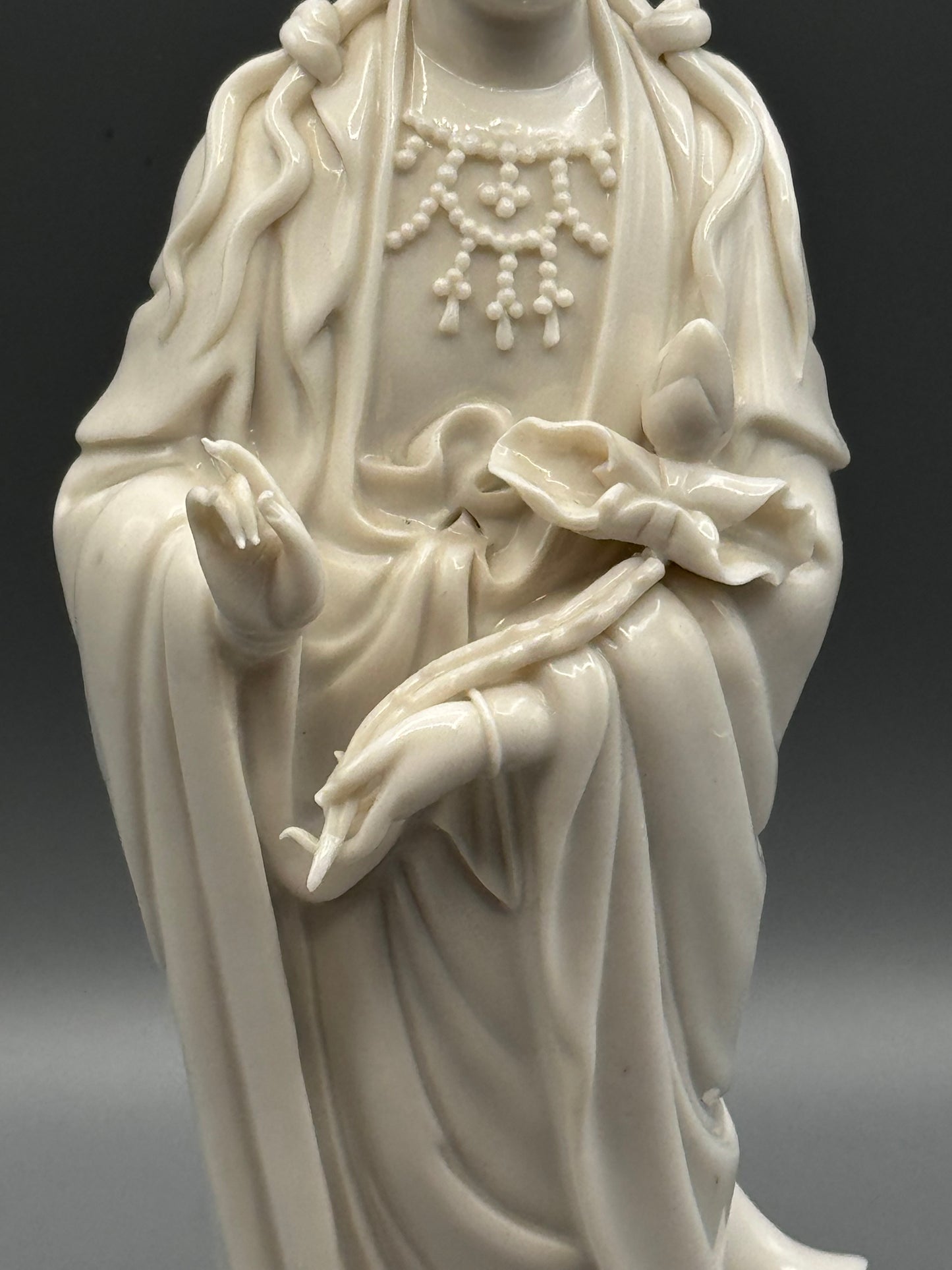 Vintage Blanc de Chine Guanyin Figurine Standing on Dragon 11.5”