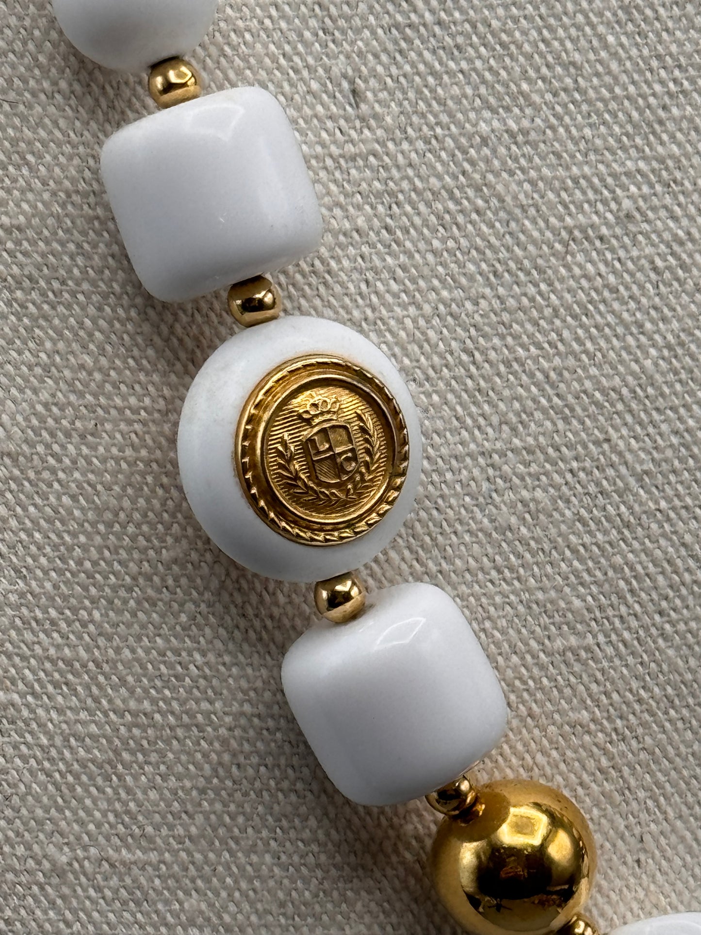 Vintage White Acrylic Beaded Necklace Goldtone Accents 26.5” 80s