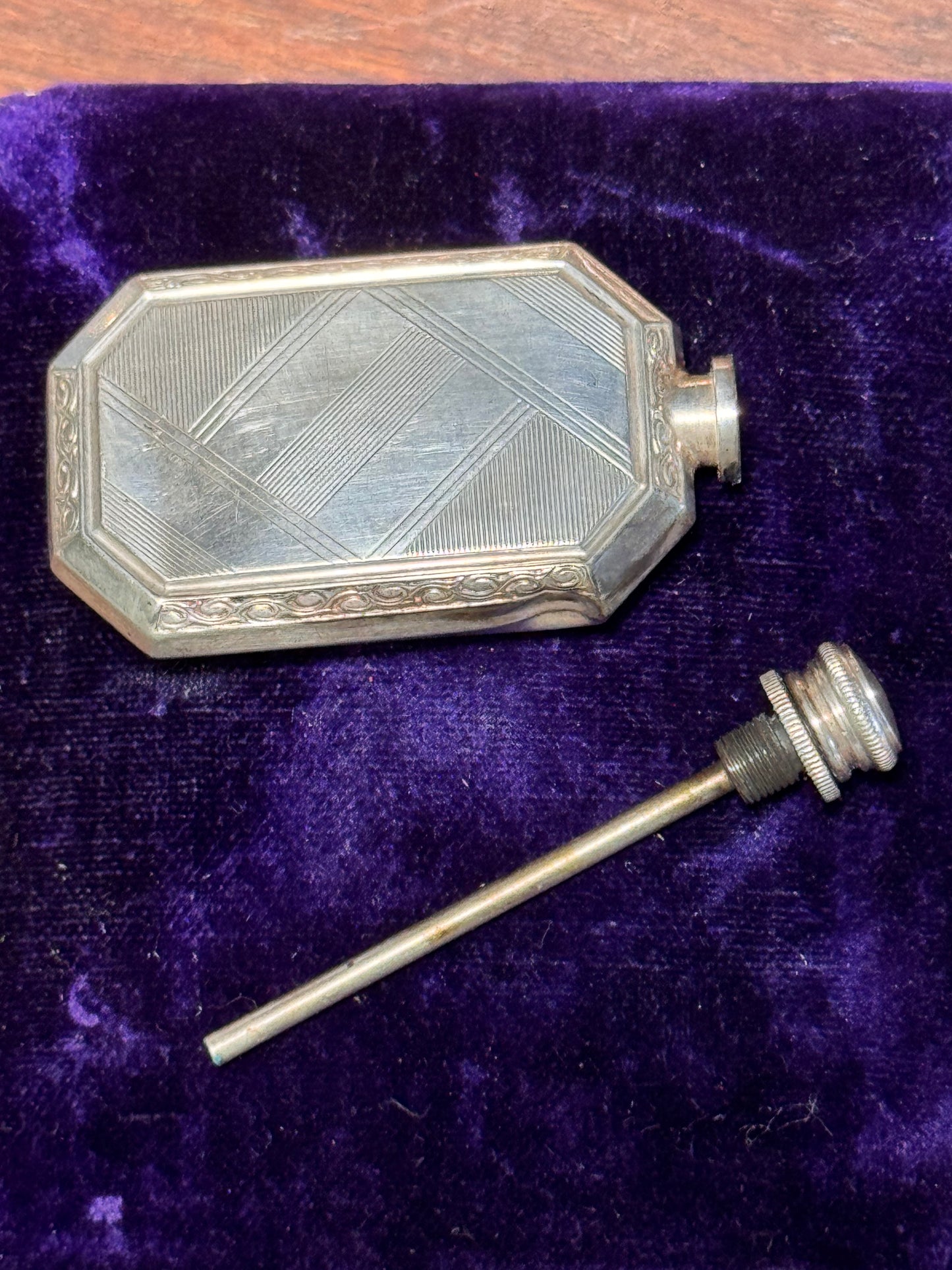 800 Silver Perfume Bottle Art Deco Engine Turned 2.25” Antique