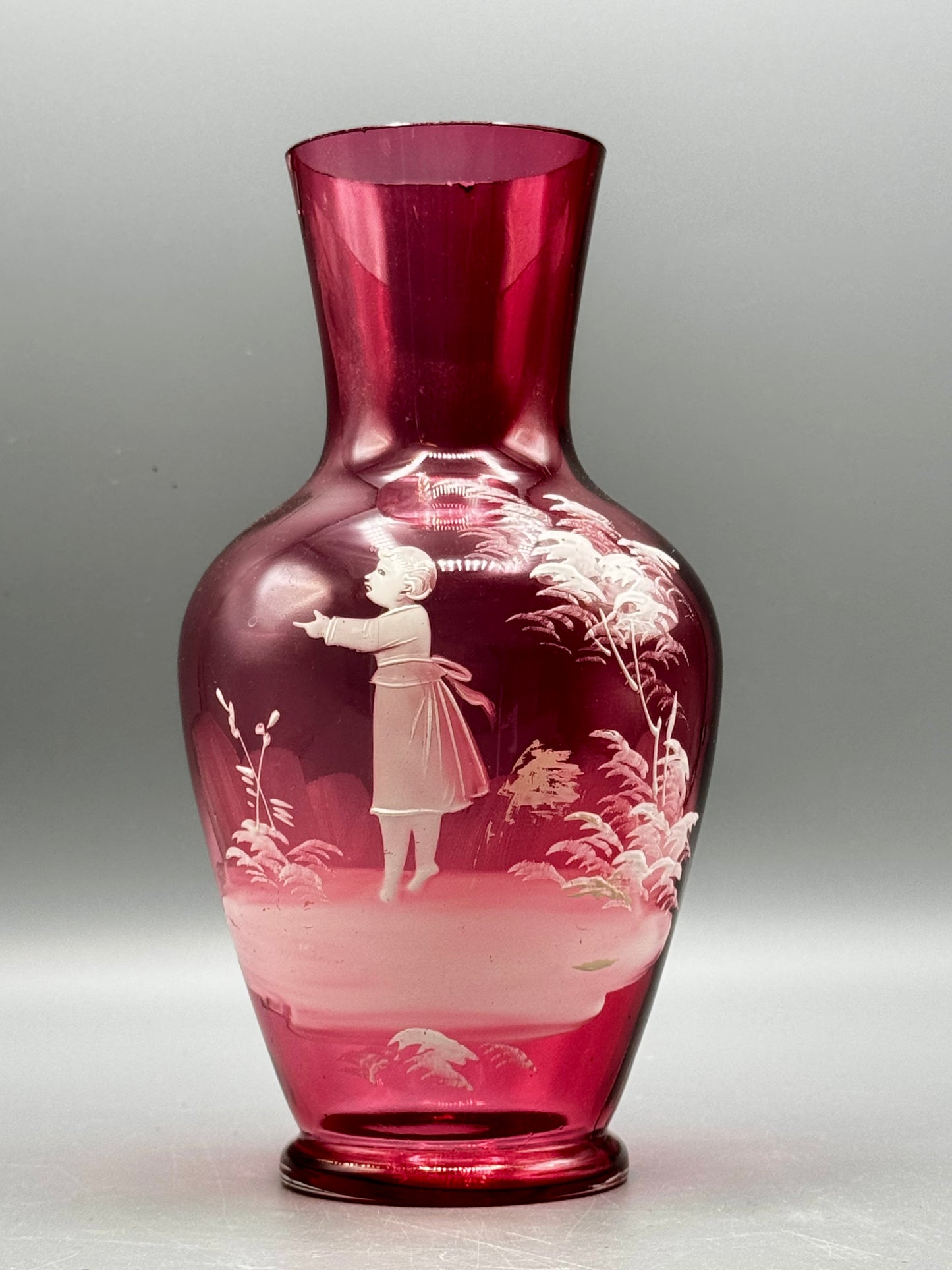 Vintage Mary Gregory Style Cranberry Glass Vase Hand Painted Child 8.5”