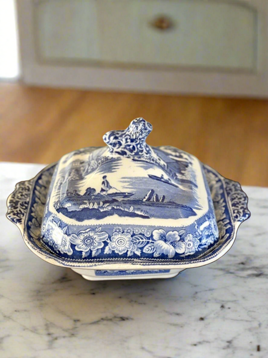 Antique Blue & White Lidded Tureen Landscape Scene With Lion Handle AS IS