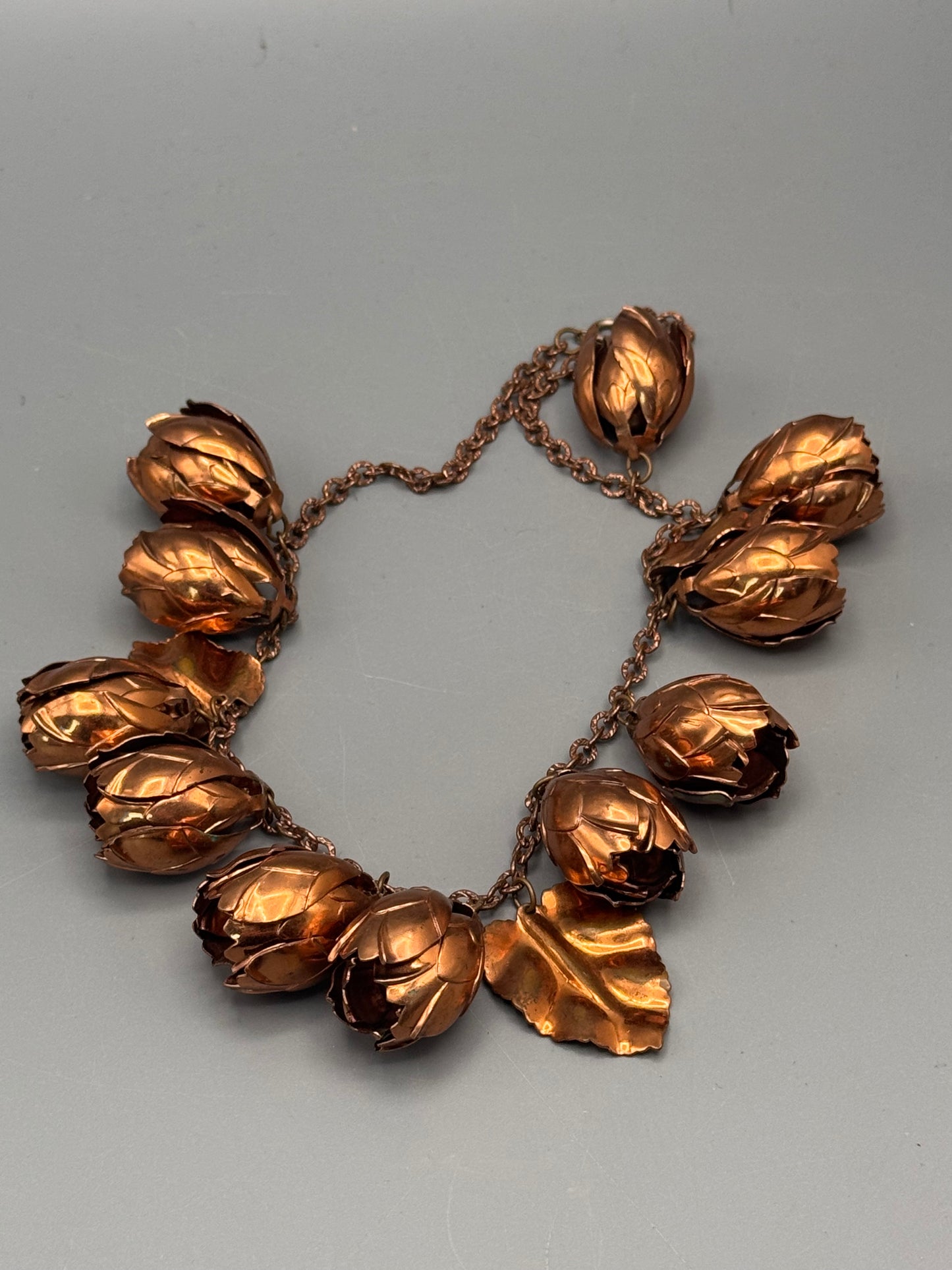Vintage Copper Tone Floral Necklace Tulip Charm Statement 16”