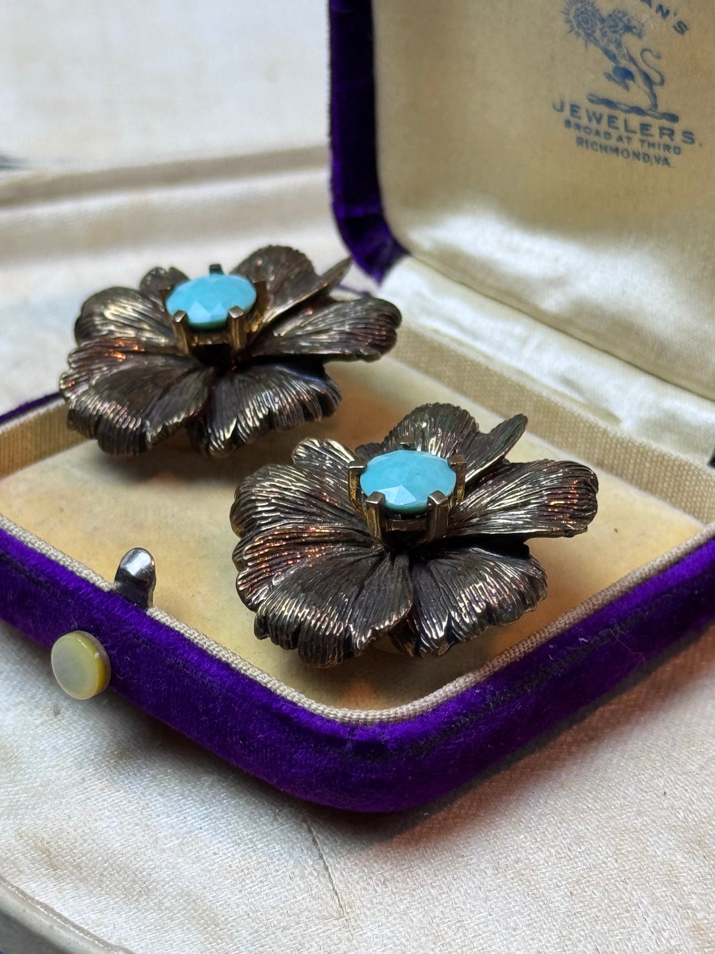 Stephen Dweck Sterling 925 Flower Clip Earrings Blue Green Stone Signed 1.25”